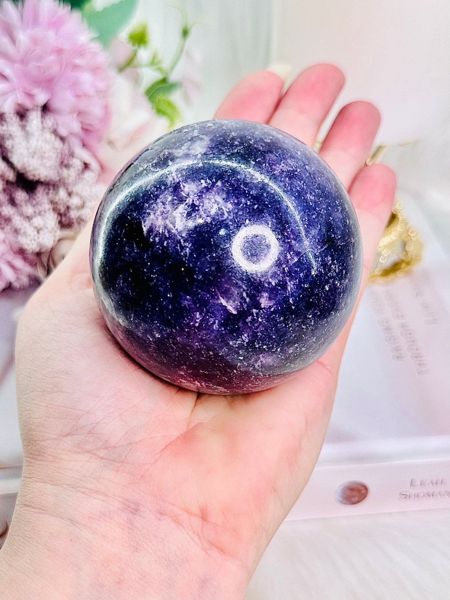 Beautiful Large Purple Lepidolite Sphere 504grams Comes On Stand (Glass stand in pic is display only)