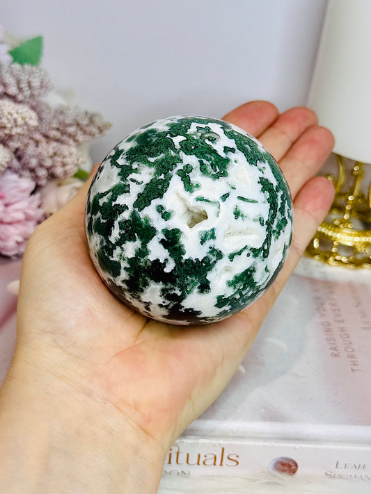 Large Druzy Moss Agate Sphere on Stand 515g