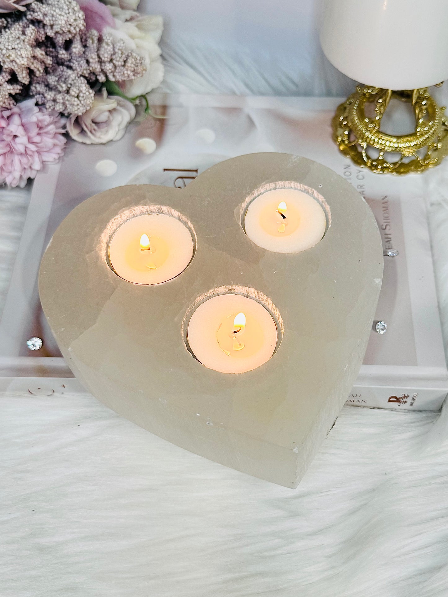 Large Selenite Chunky Triple Candle Heart Holder 1.5KG 15cm