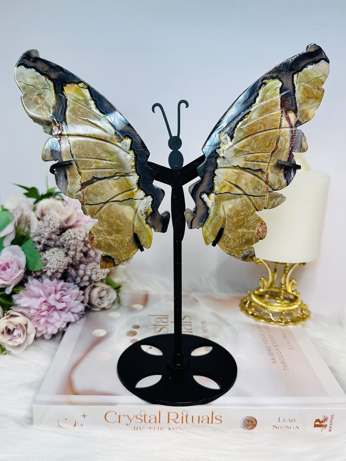 Large Volcano Agate Butterfly Wings UV Reactive on Stand 22cm