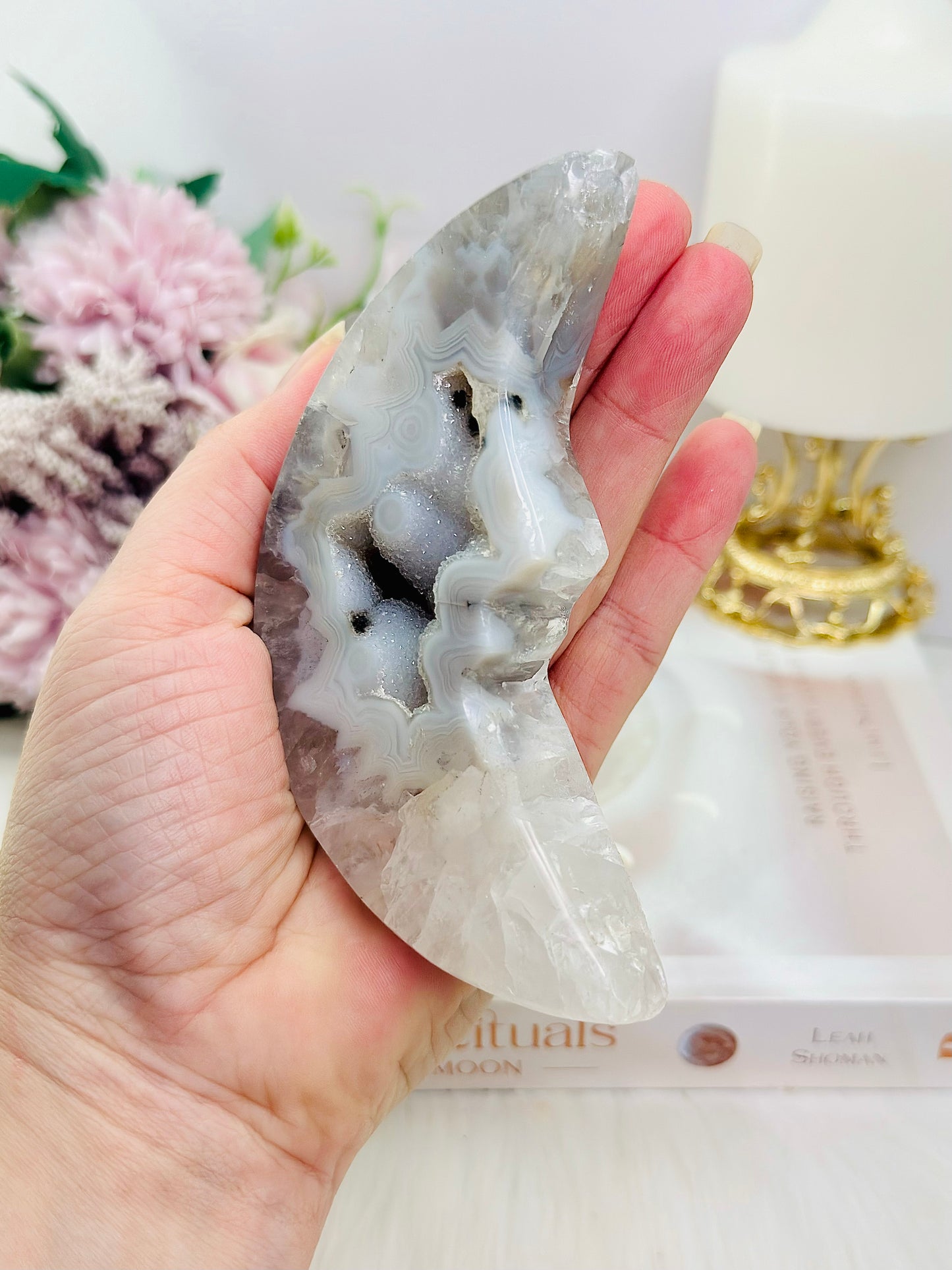 Druzy Agate Carved Moon 12cm