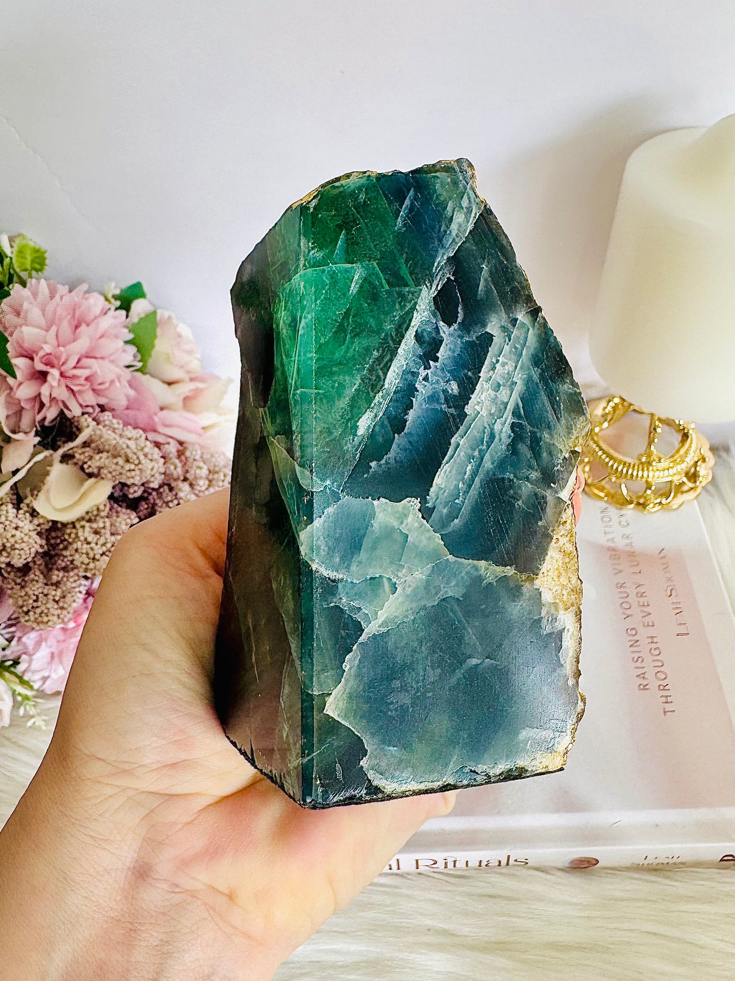 Absolutely Stunning Large Chunky 1.82KG Green Fluorite Gold Plated Book Ends