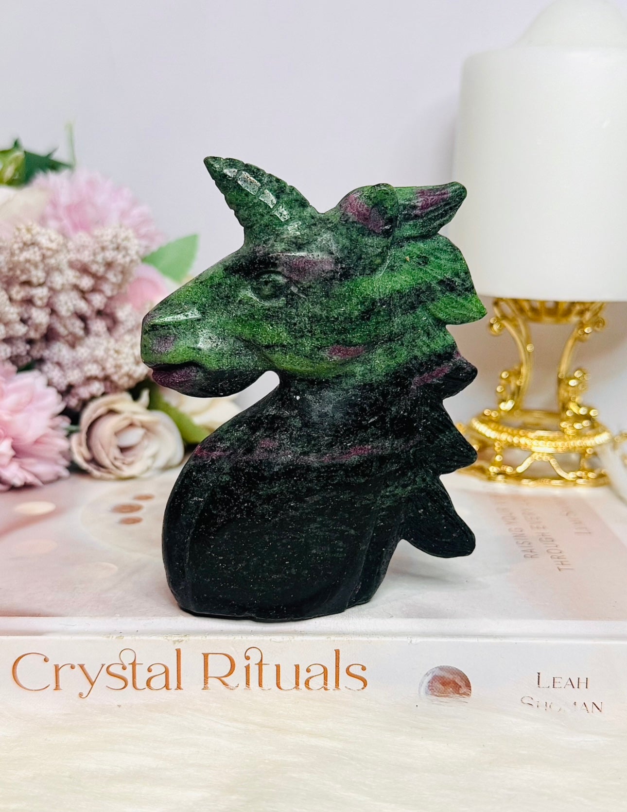 Ruby In Zoisite Carved Unicorn UV Reactive 10cm