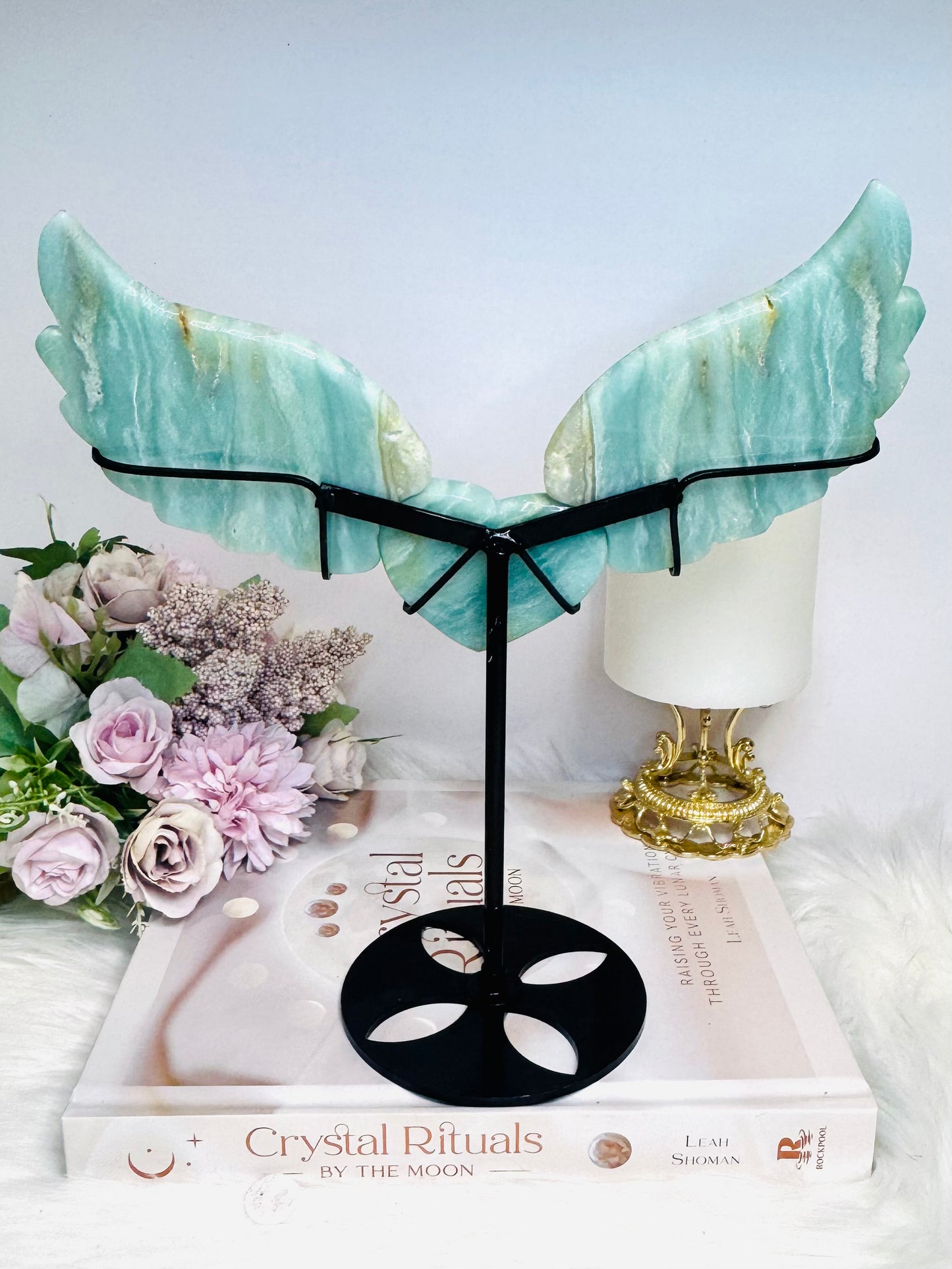 Caribbean Calcite Large Heart with Angel Wings On Stand