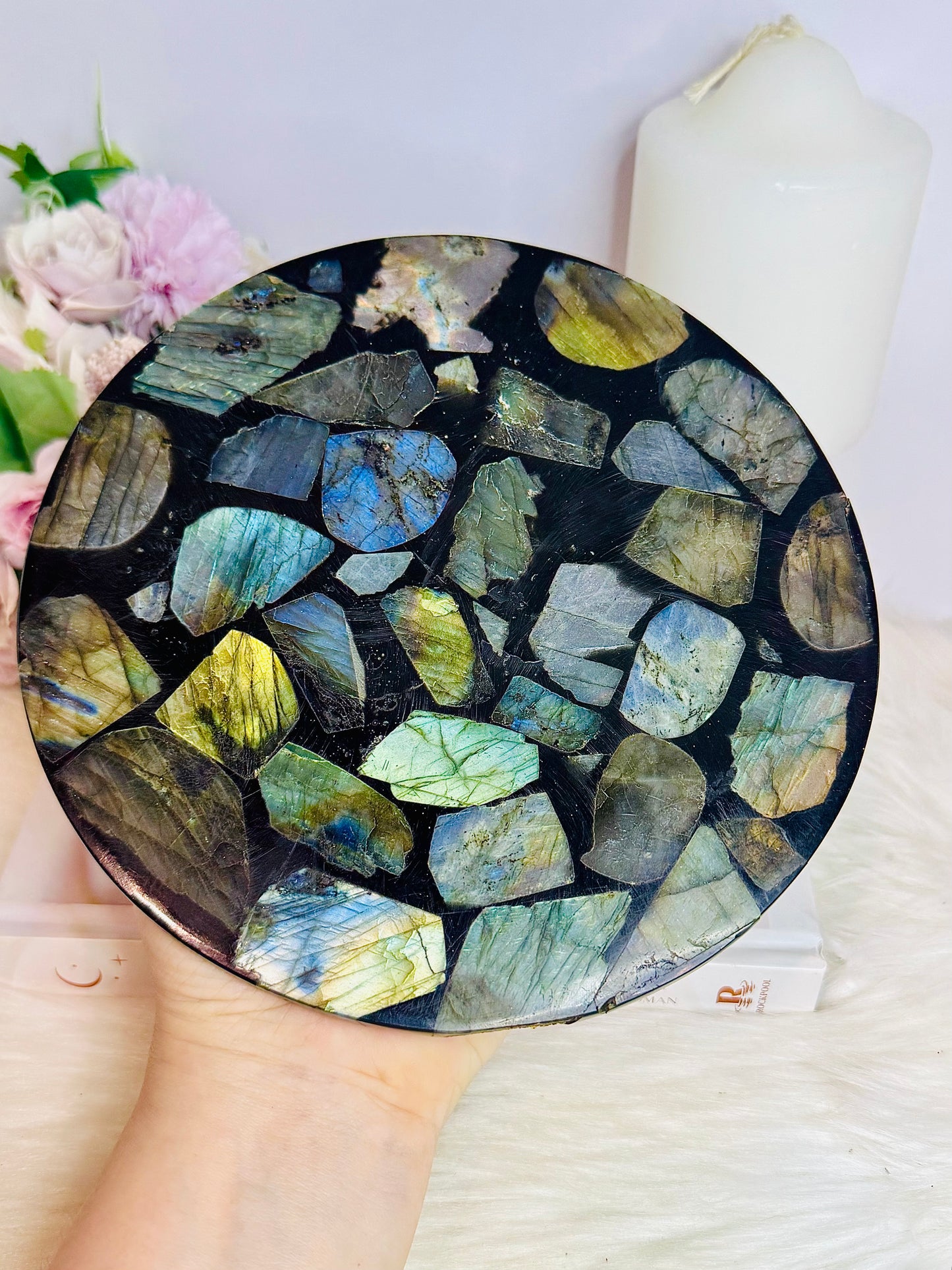 Large Labradorite Plate on Stand 440g 15cm