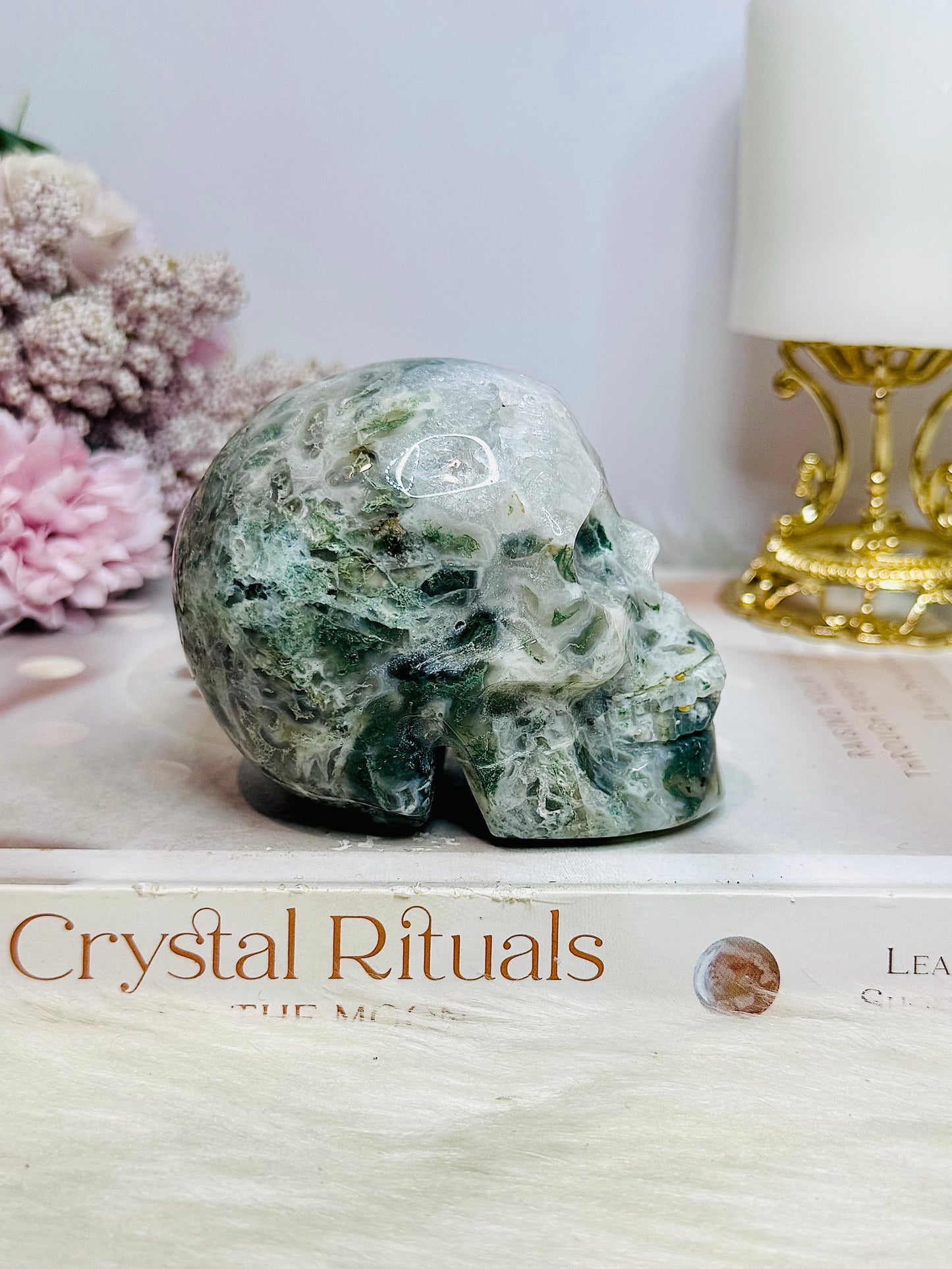 Large Moss Agate Carved Skull 9cm 452g
