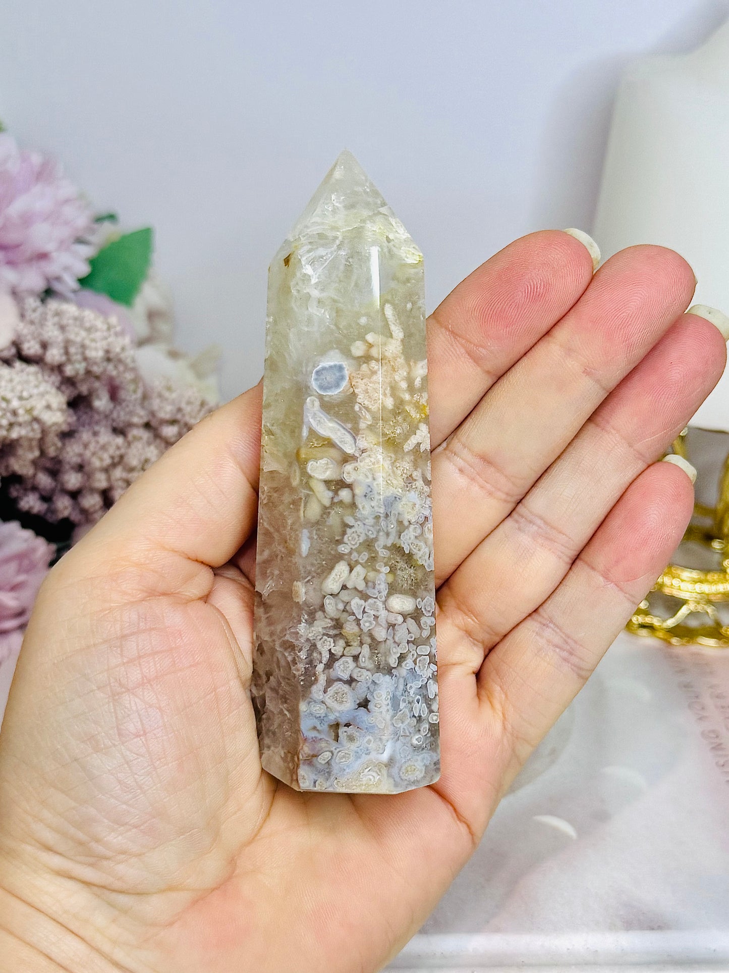 Green Flower Agate Tower 11cm