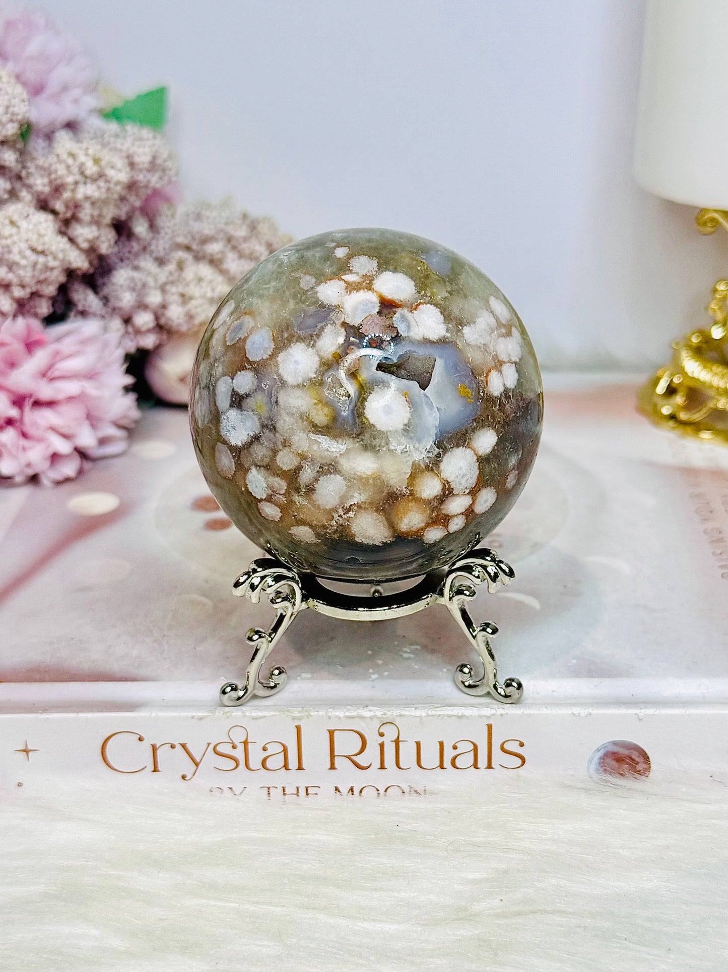 Green Druzy Cherry Blossom Agate Sphere on Stand 335grams