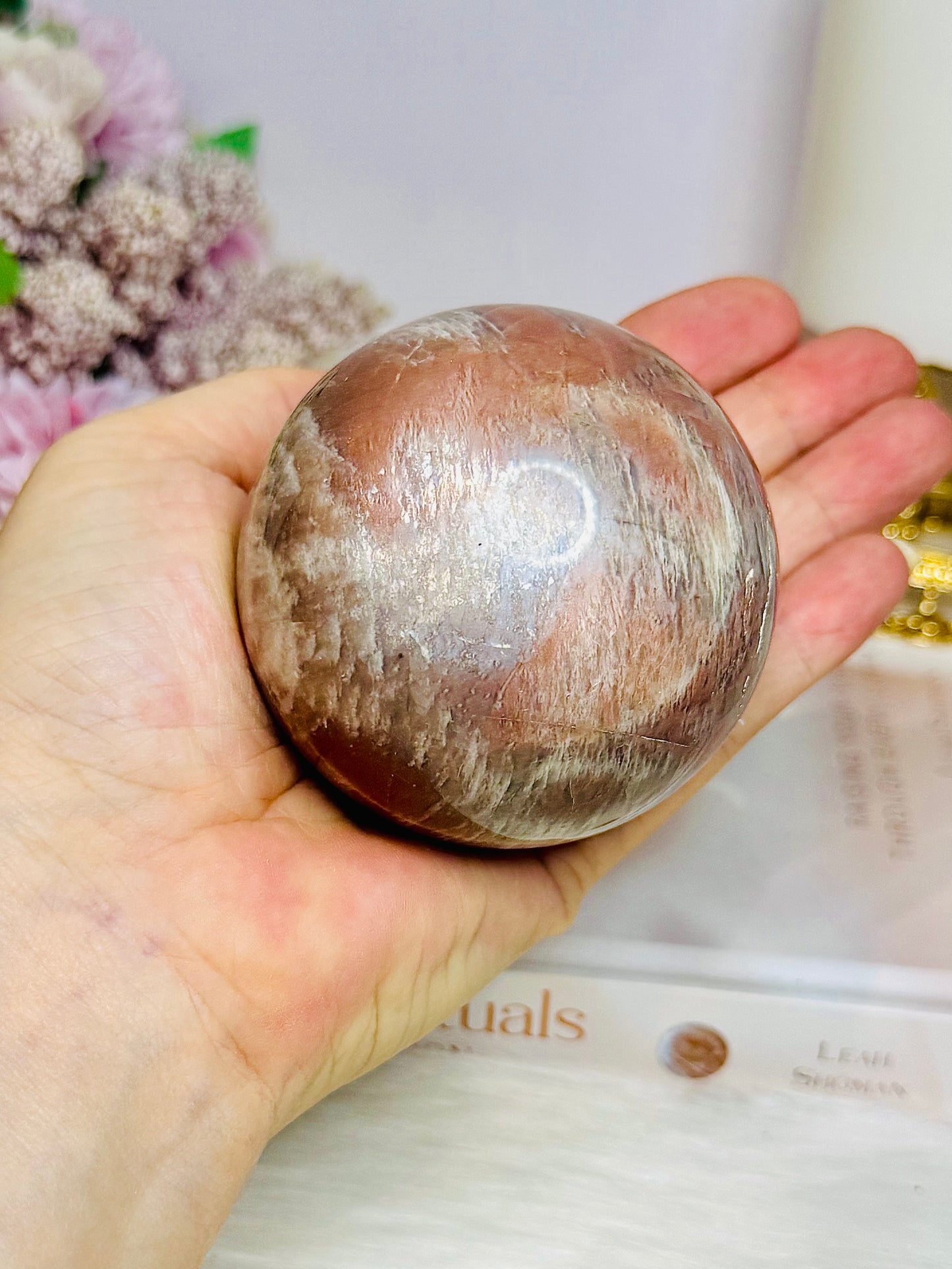 Shimmering Large Sunstone with Moonstone Sphere on Stand 433g