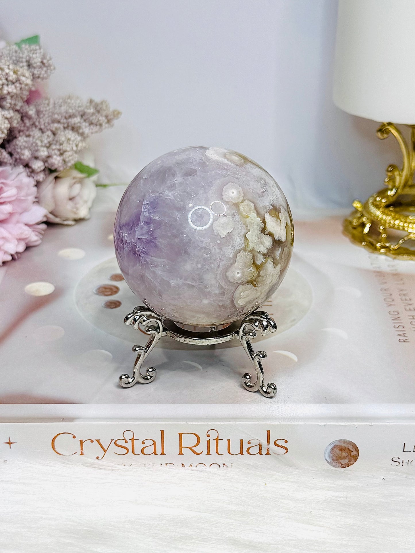 Flower Agate X Amethyst Sphere on Stand 280g