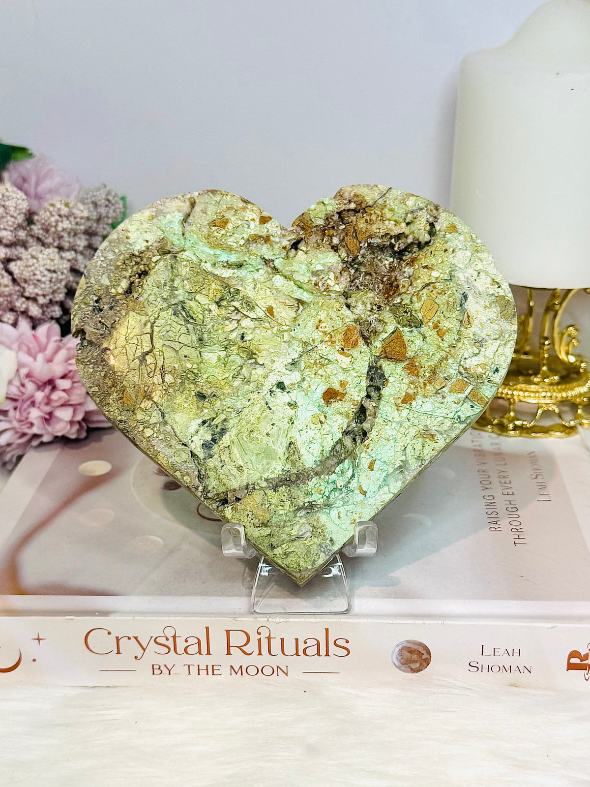 Large Natural Variscite Druzy Carved Heart on Stand 12cm