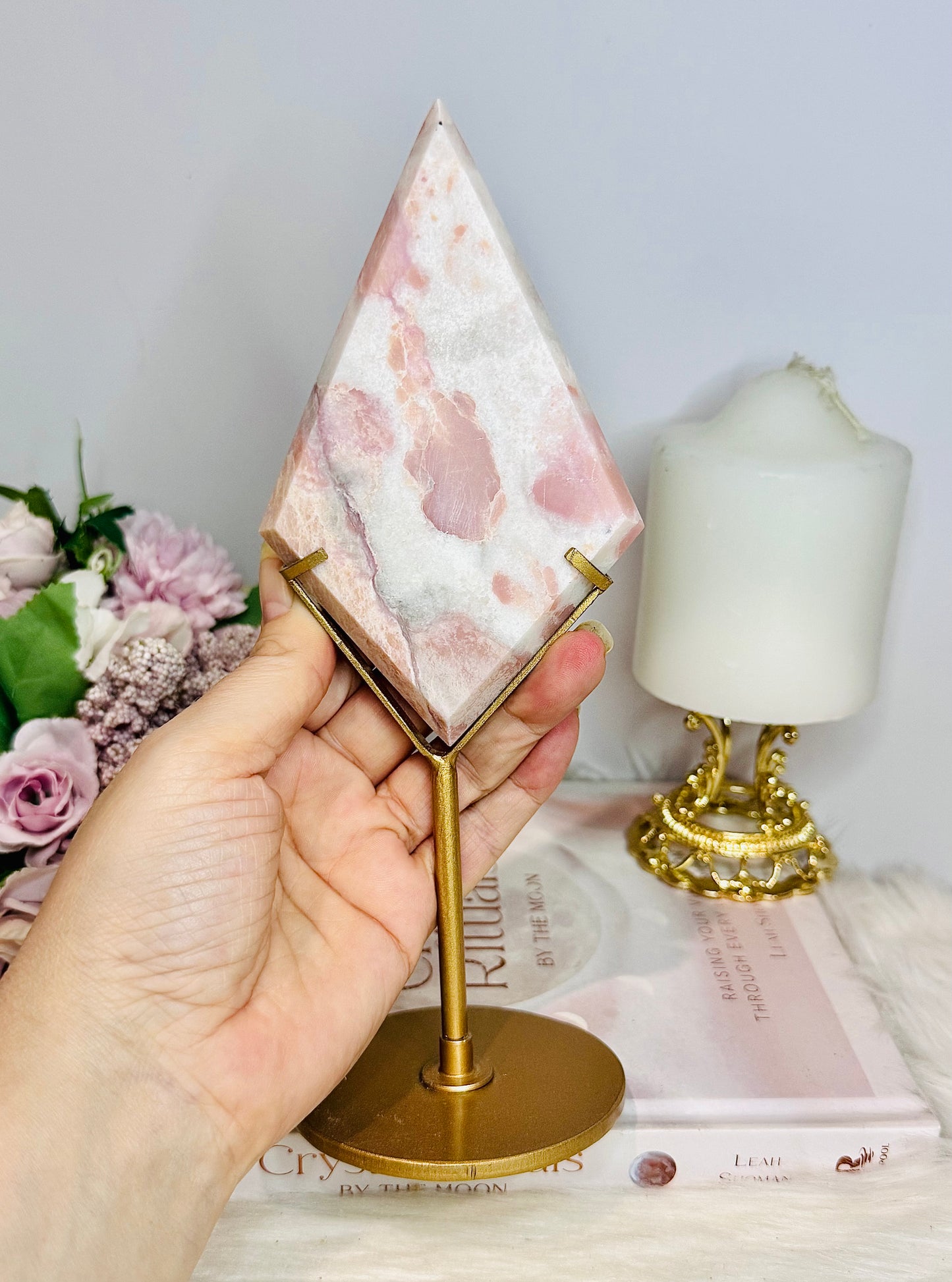 Large 22cm Pink Opal Diamond On Gold Stand