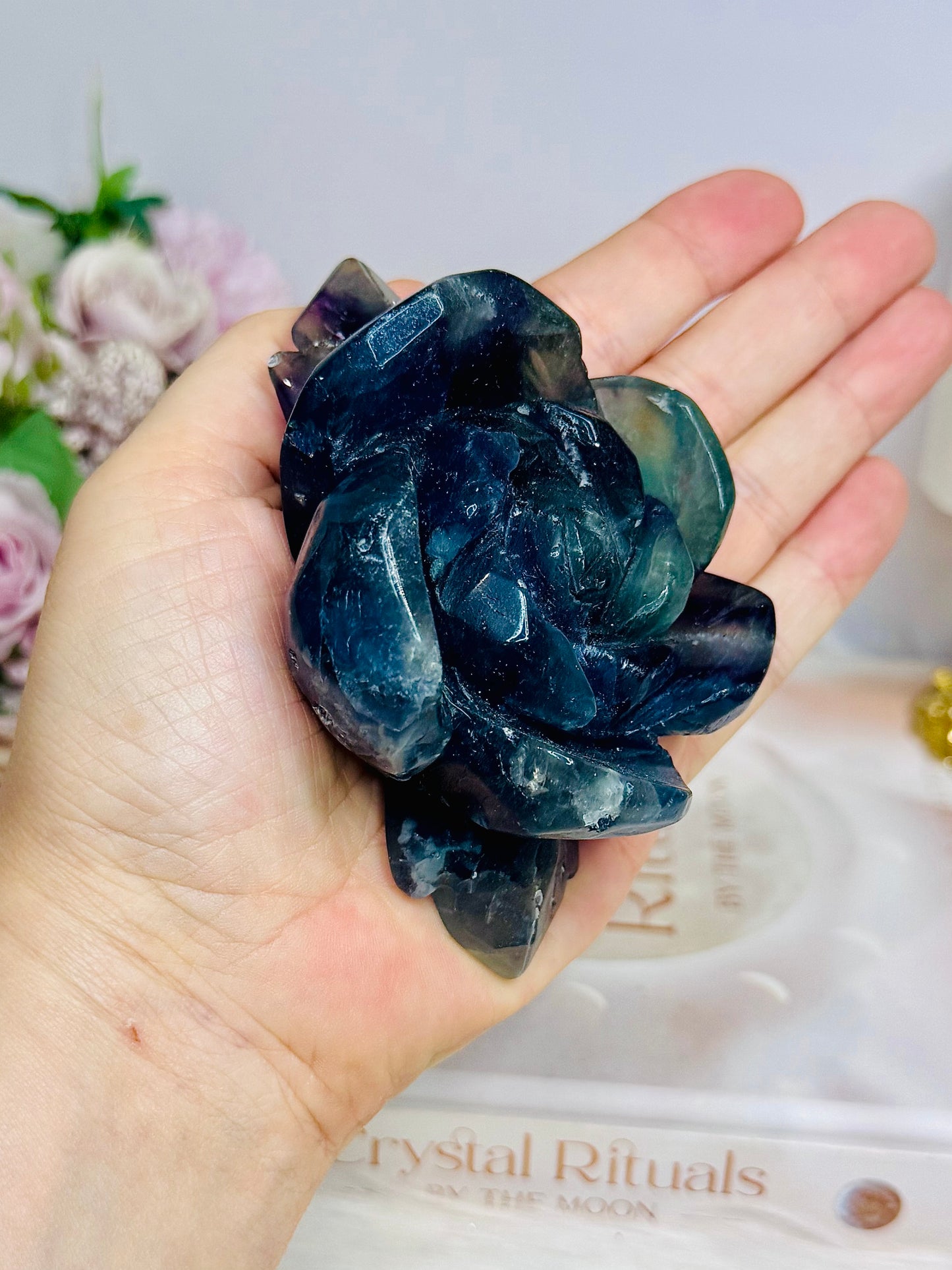 Fluorite Carved Flower On Stand 10cm 315g