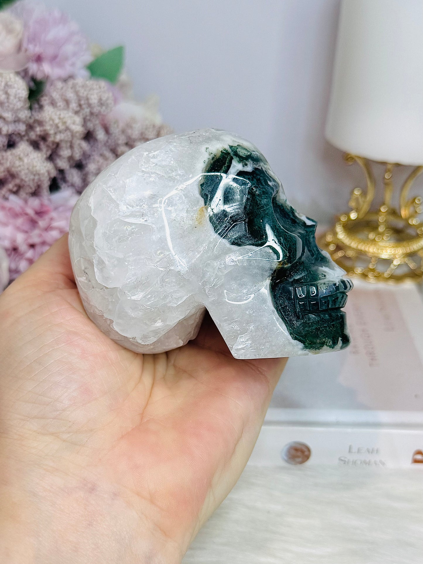 Large Moss Agate Carved Skull 9cm 469g