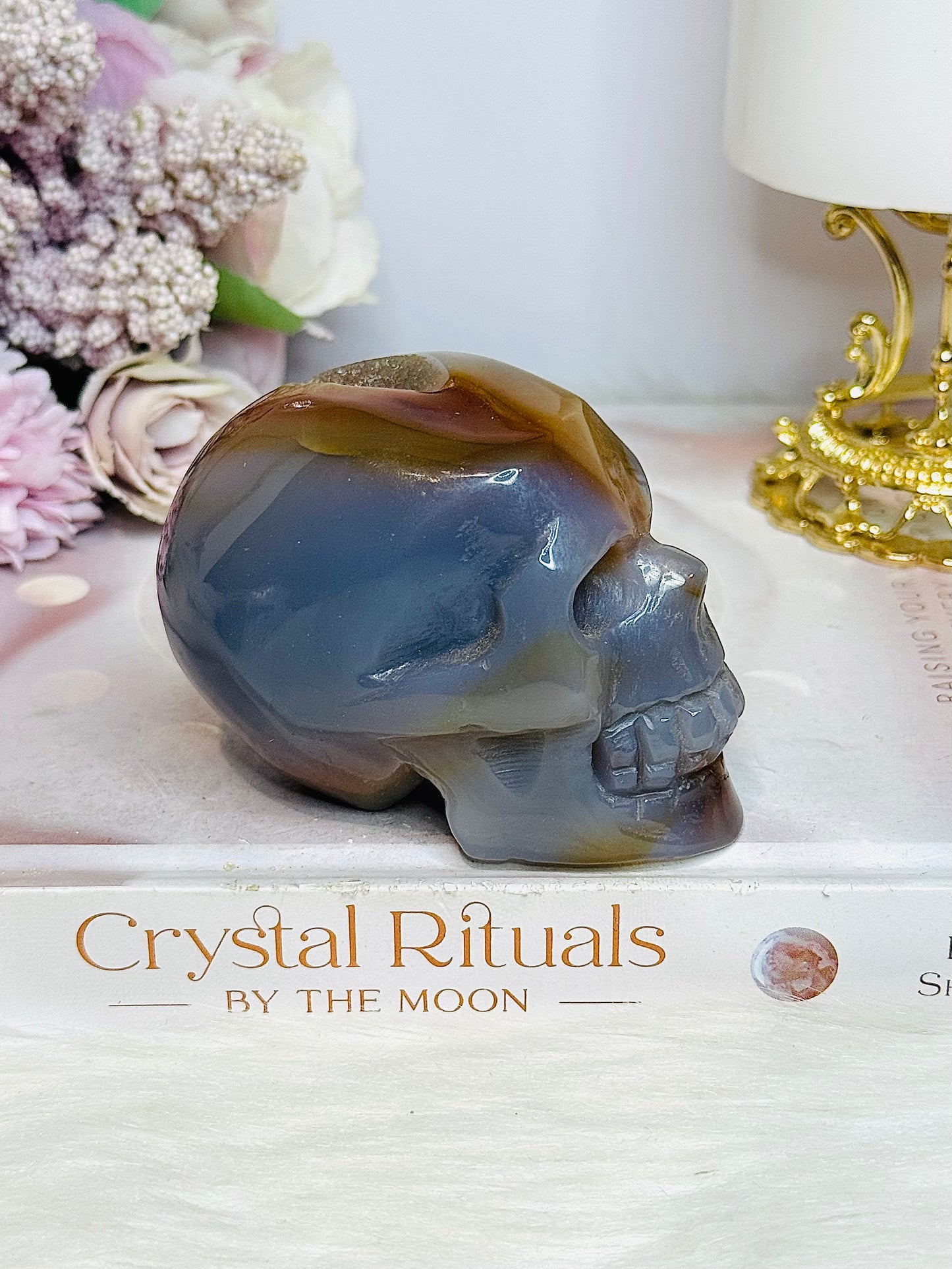 Blue Druzy Agate Carved Skull 9cm 316g