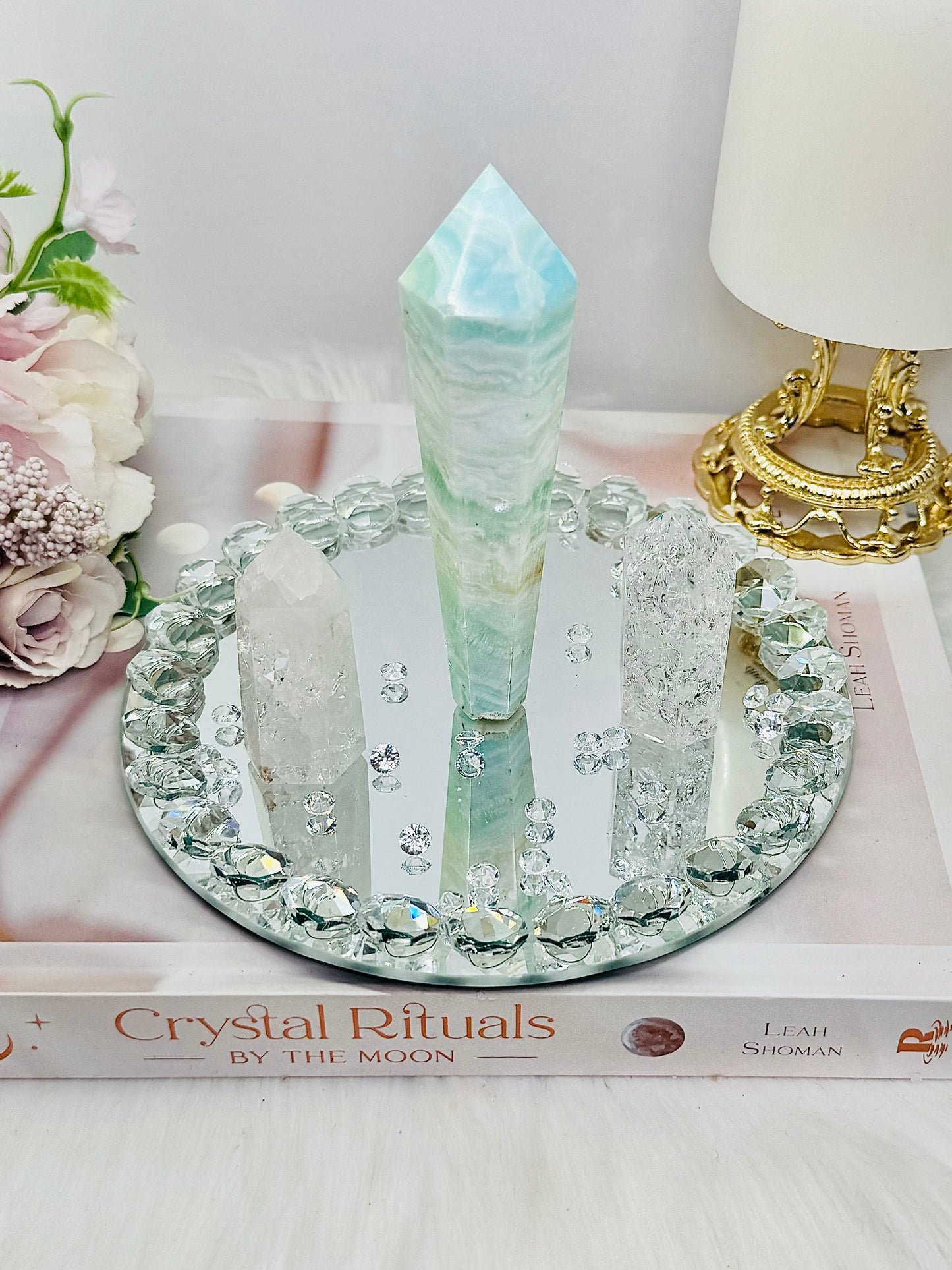 Gift Set Range ~ 15cm Diamanté Mirror with Set of Clear Quartz Crackle Towers & Caribbean Calcite Tower