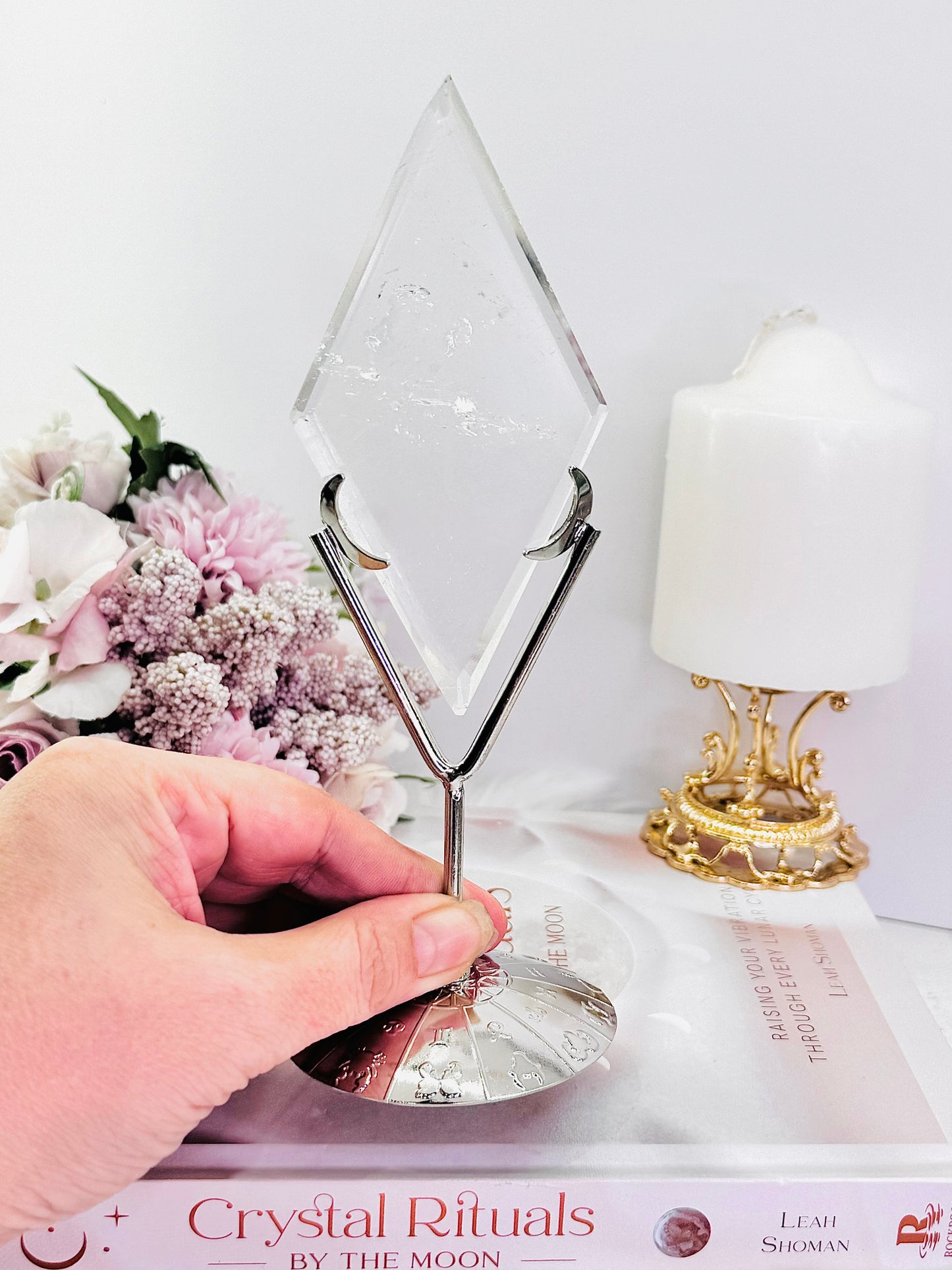 A Master Healer ~ Classy & Fabulous Large 18cm High Grade Clear Quartz Diamond | Rhombus On Silver Stand