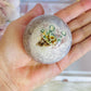 Natural Pink Amethyst Carved Sphere with Green Jasper Druzy on Gold Crown Stand