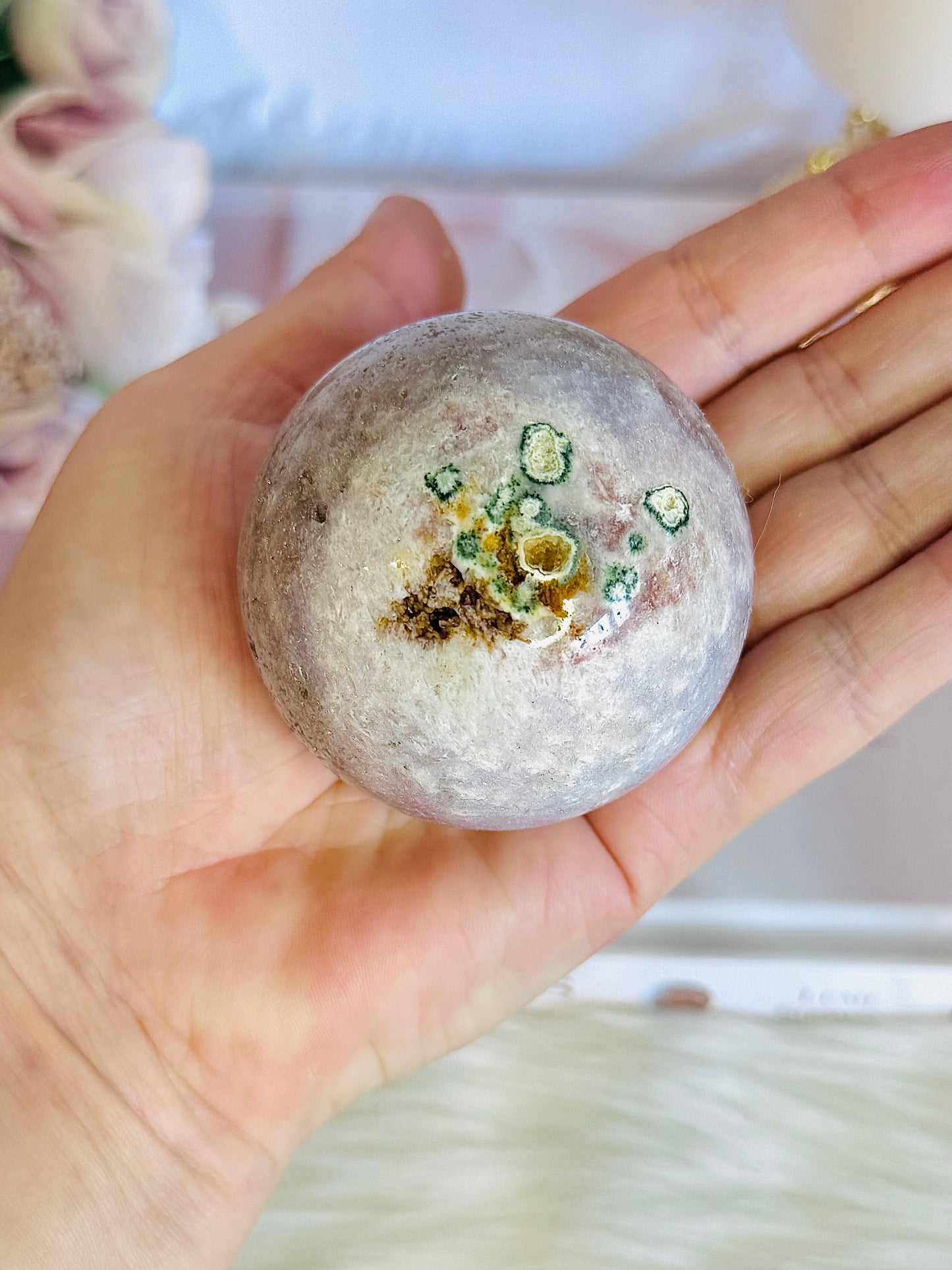 Natural Pink Amethyst Carved Sphere with Green Jasper Druzy on Gold Crown Stand