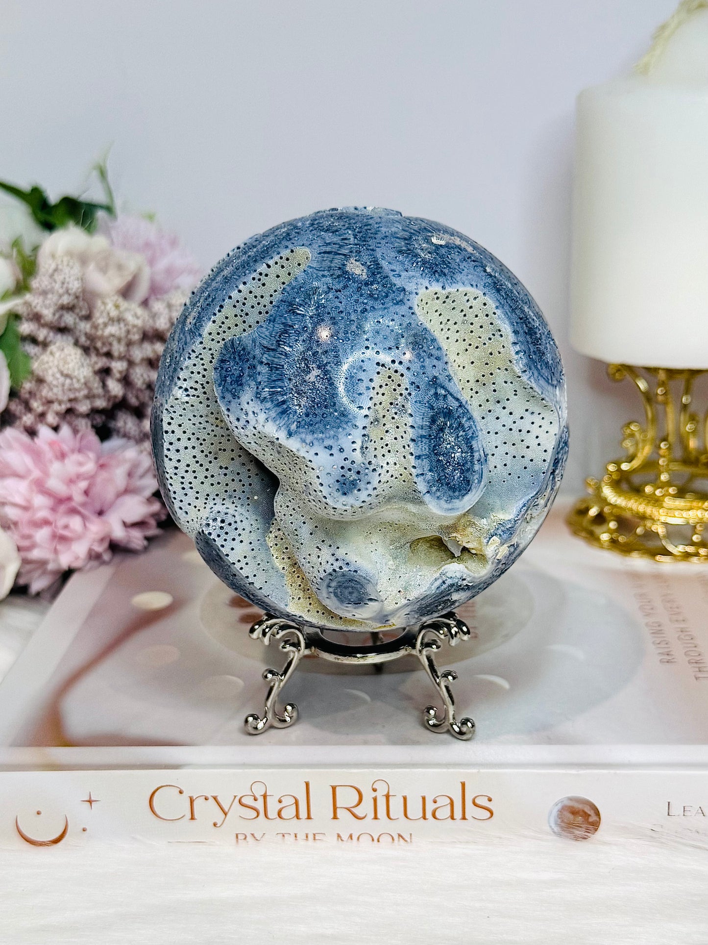 Rare Natural Large Blue Coral Fossil Sphere 732g