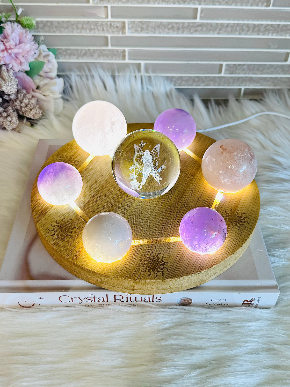 Feminine Energy ~ Large Light Stand 20cm with Glass Fairy Sphere, 3 Amethyst Spheres, Rose Quartz Sphere & 2 Pink Amethyst Spheres