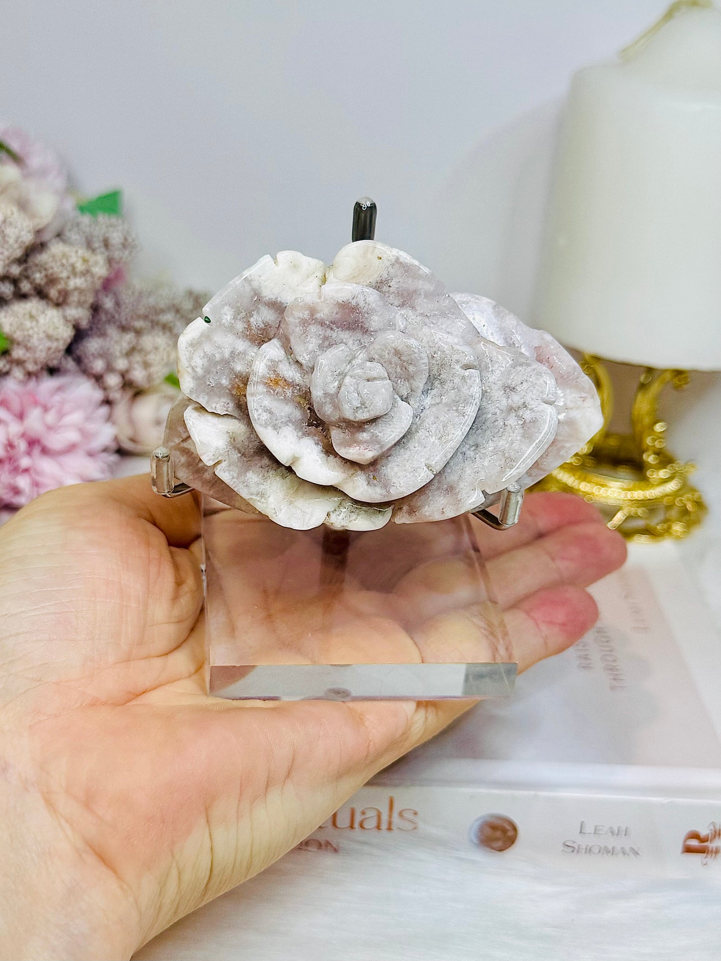 Flower Agate Carved Rose on Stand 8.5cm