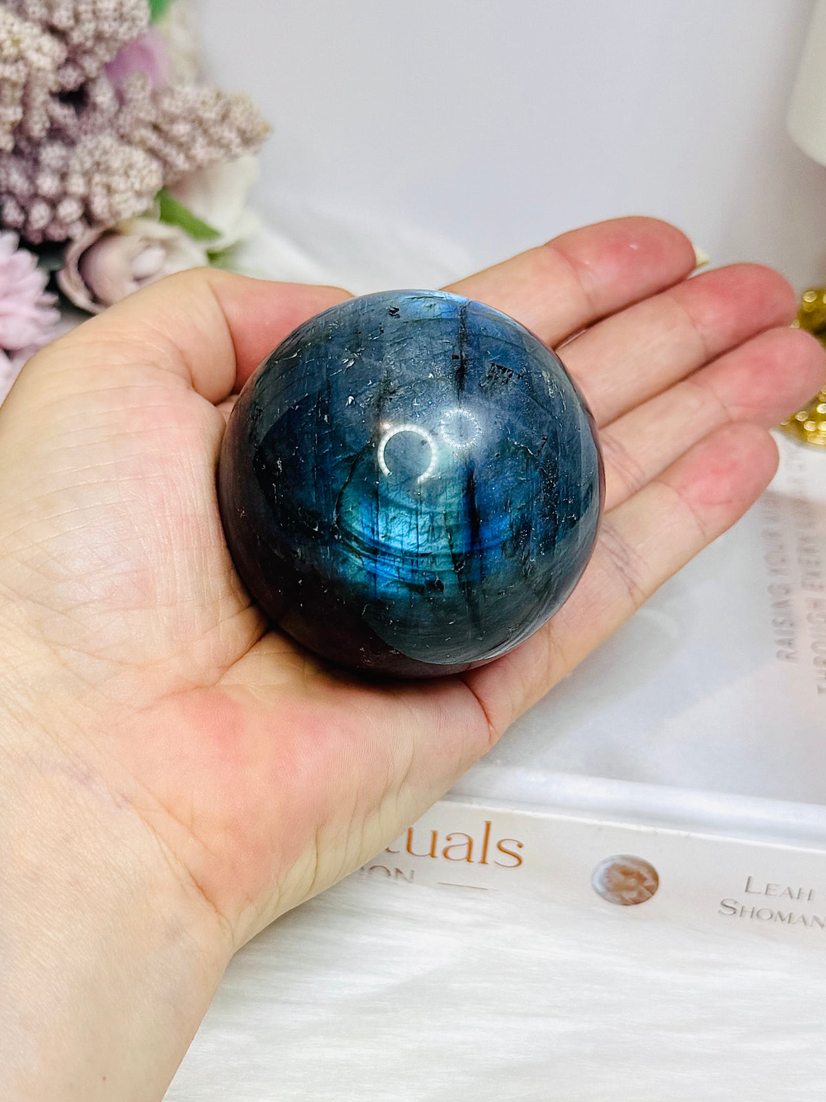 Large Blue Flash Labradorite Sphere On Stand 277g