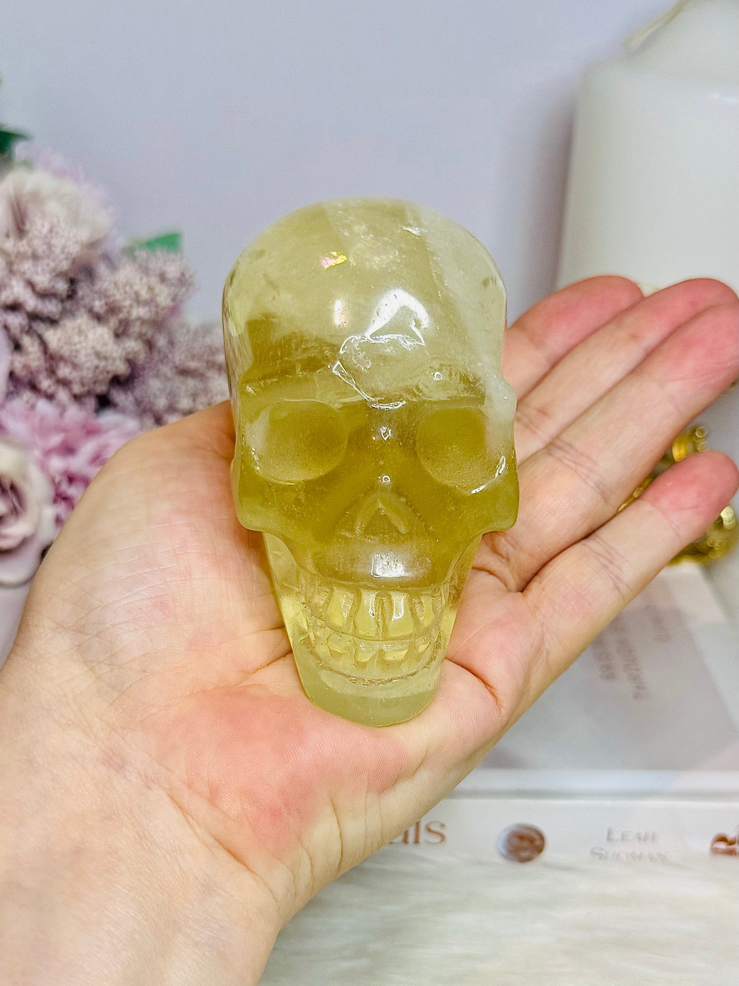 Citrine Carved Skull with Rainbows 8cm 399g