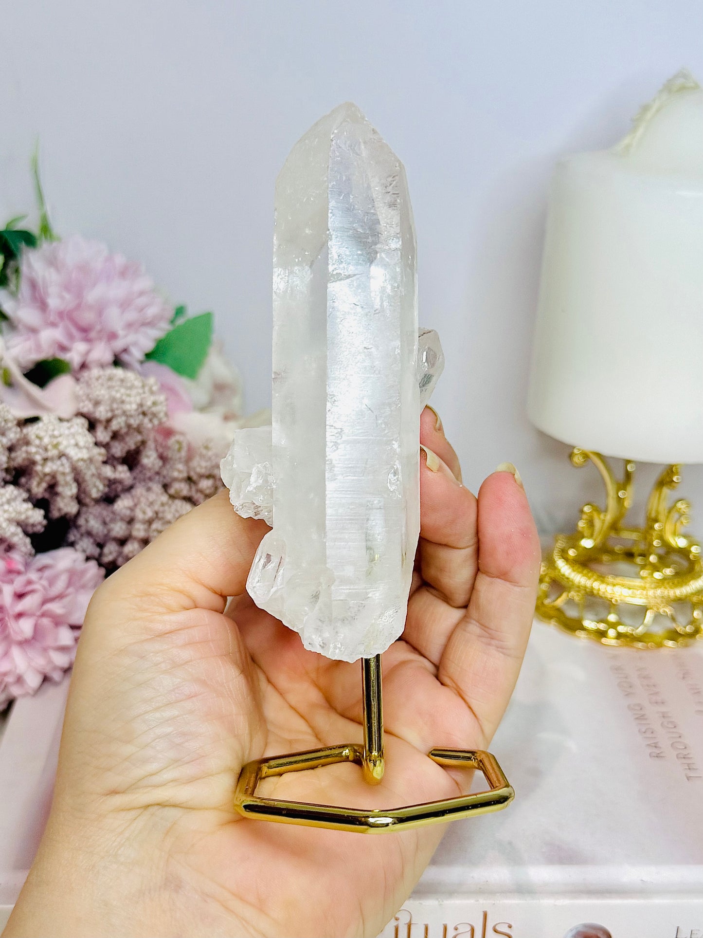 Clear Quartz Natural Tower on Gold Stand 14cm