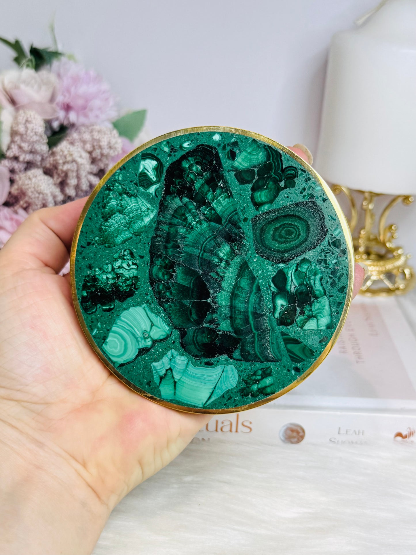 Natural Malachite Coaster with Gold Trim 9.5cm