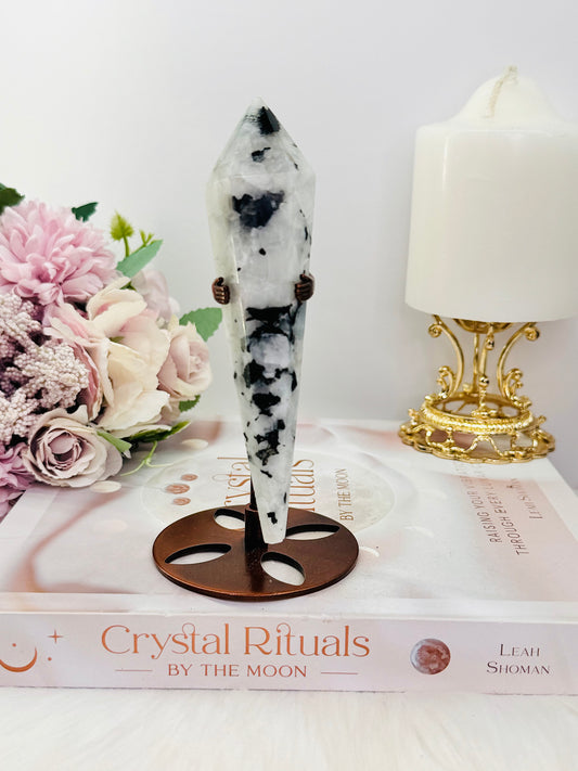 Beautiful Natural Moonstone Carved Wand | Tower 14cm On Stand