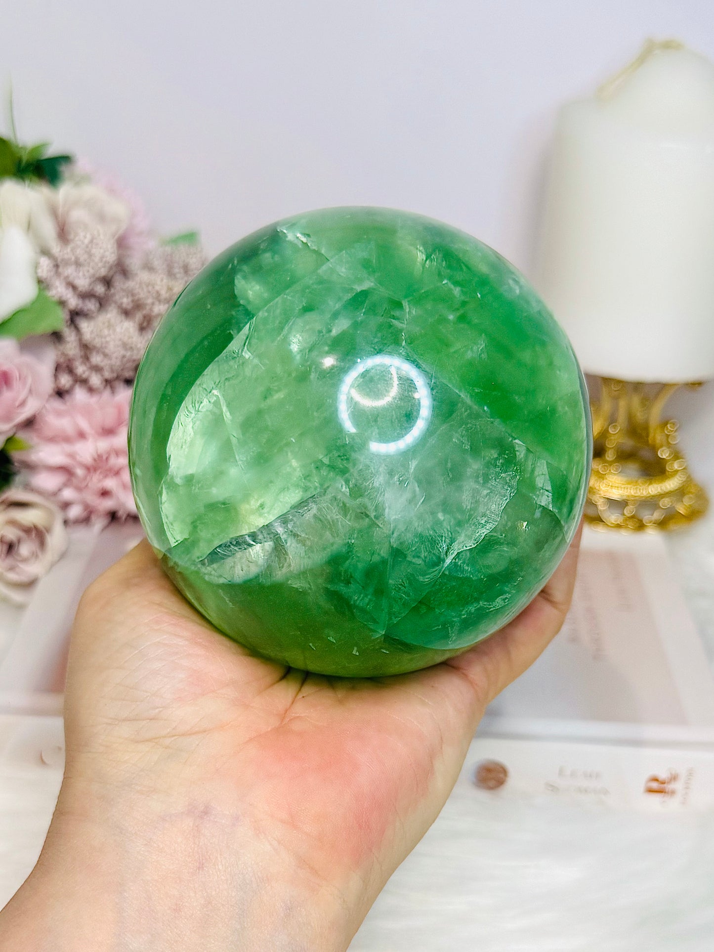 Huge Green Fluorite Sphere with Rainbows On Tall Glass Stand 1.4KG (stand can be changed)