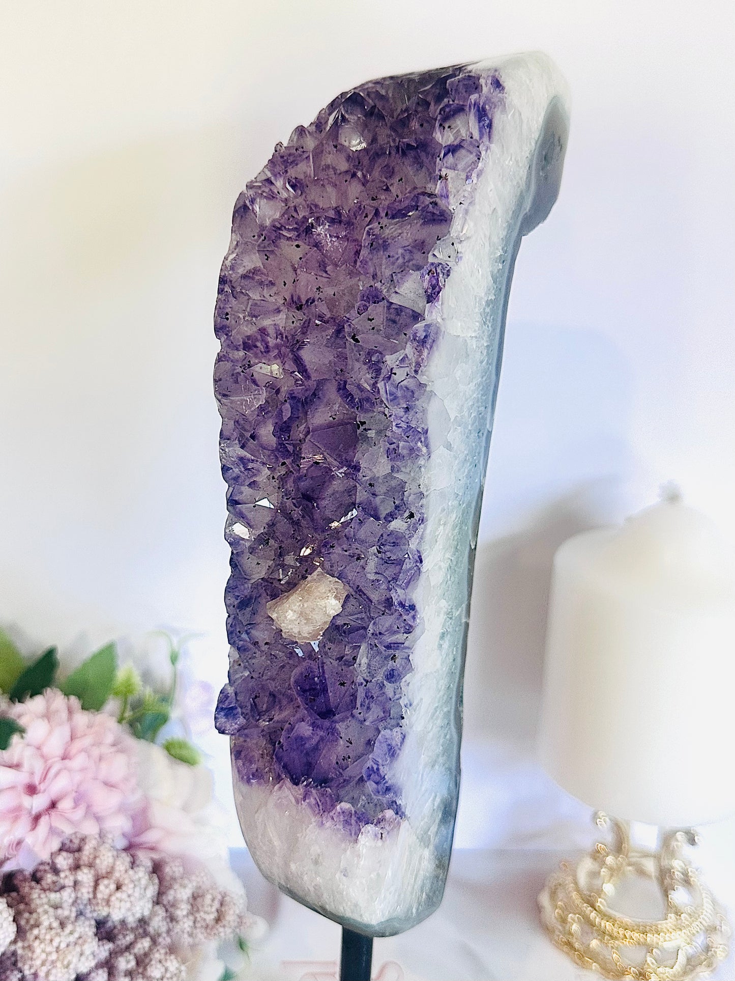 ⚜️ SALE ⚜️ Wow!! Classy & Fabulous Huge 30cm 1.4KG Druzy Amethyst Cluster with Calcite Inclusions On Black Stand From Brazil