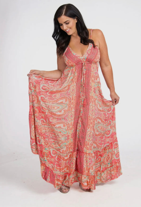 Long Boho Silk Strappy Dress with Frill One Size