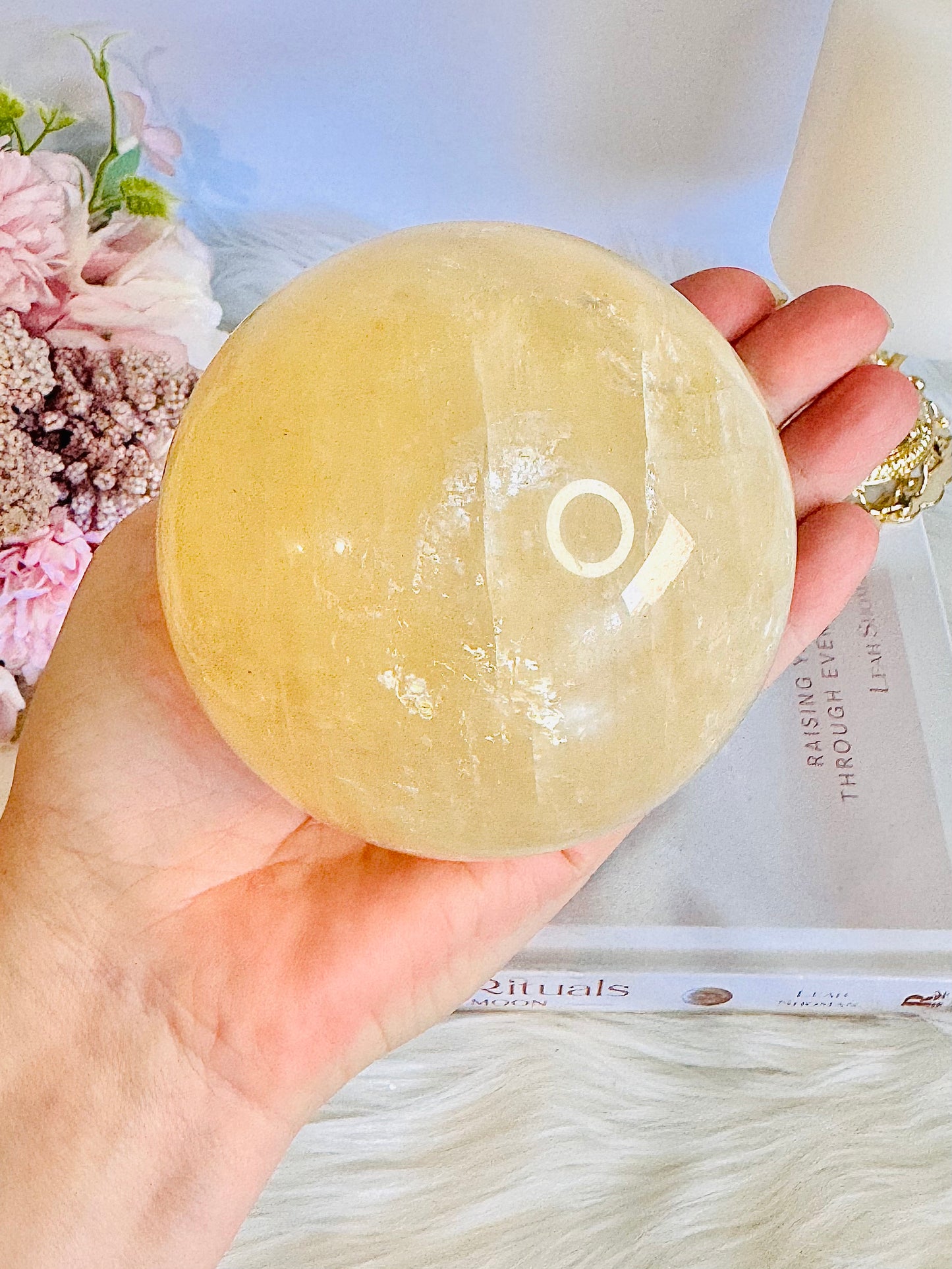 Gorgeous Large 961gram Natural Honey Calcite Sphere with Rainbows On Stand