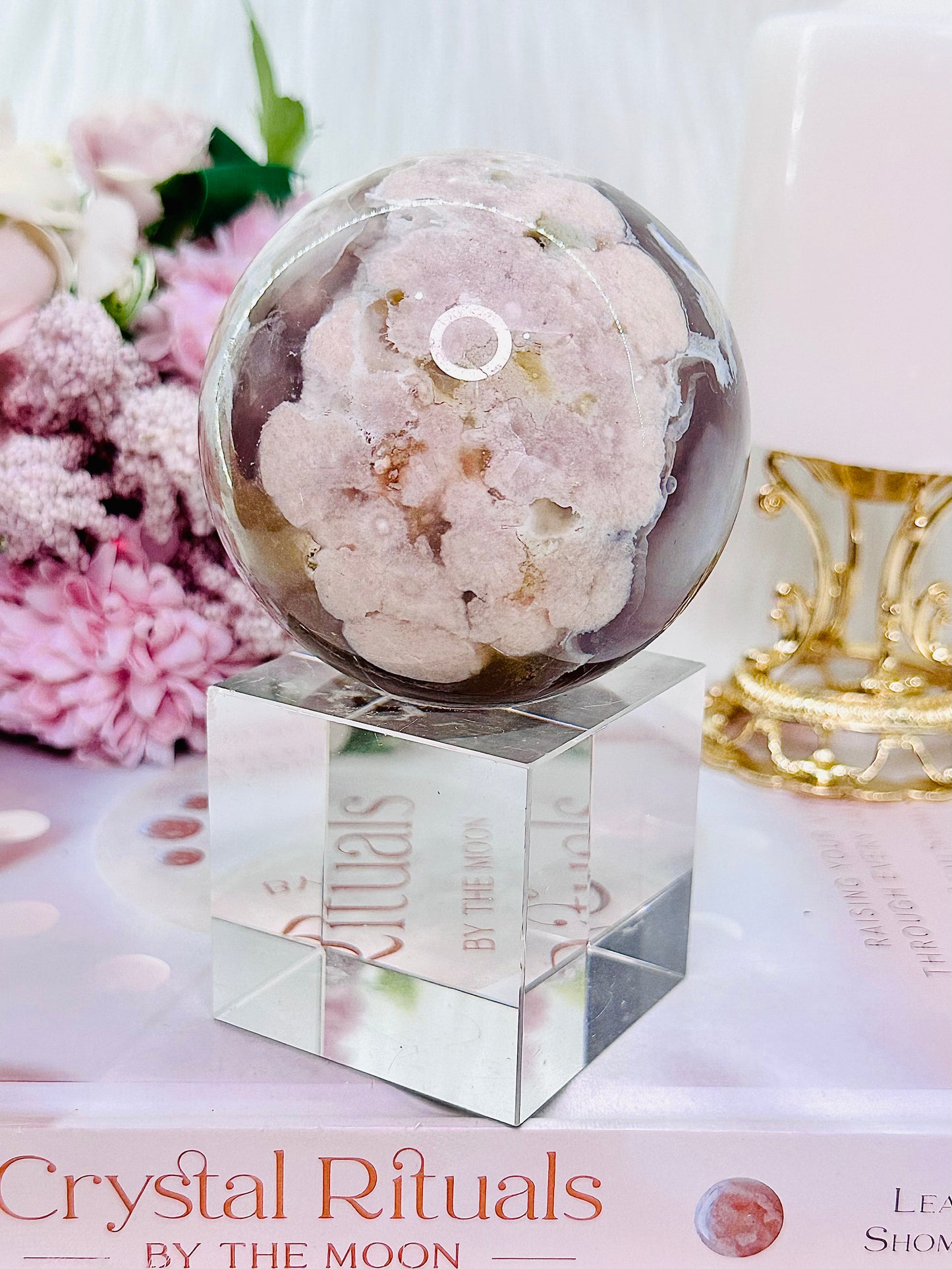 A Stone For Dreamers ~ Incredibly Fabulous Large 489gram Green Cherry Blossom Agate | Flower Agate Sphere on Stand (glass stand in pic is display only)