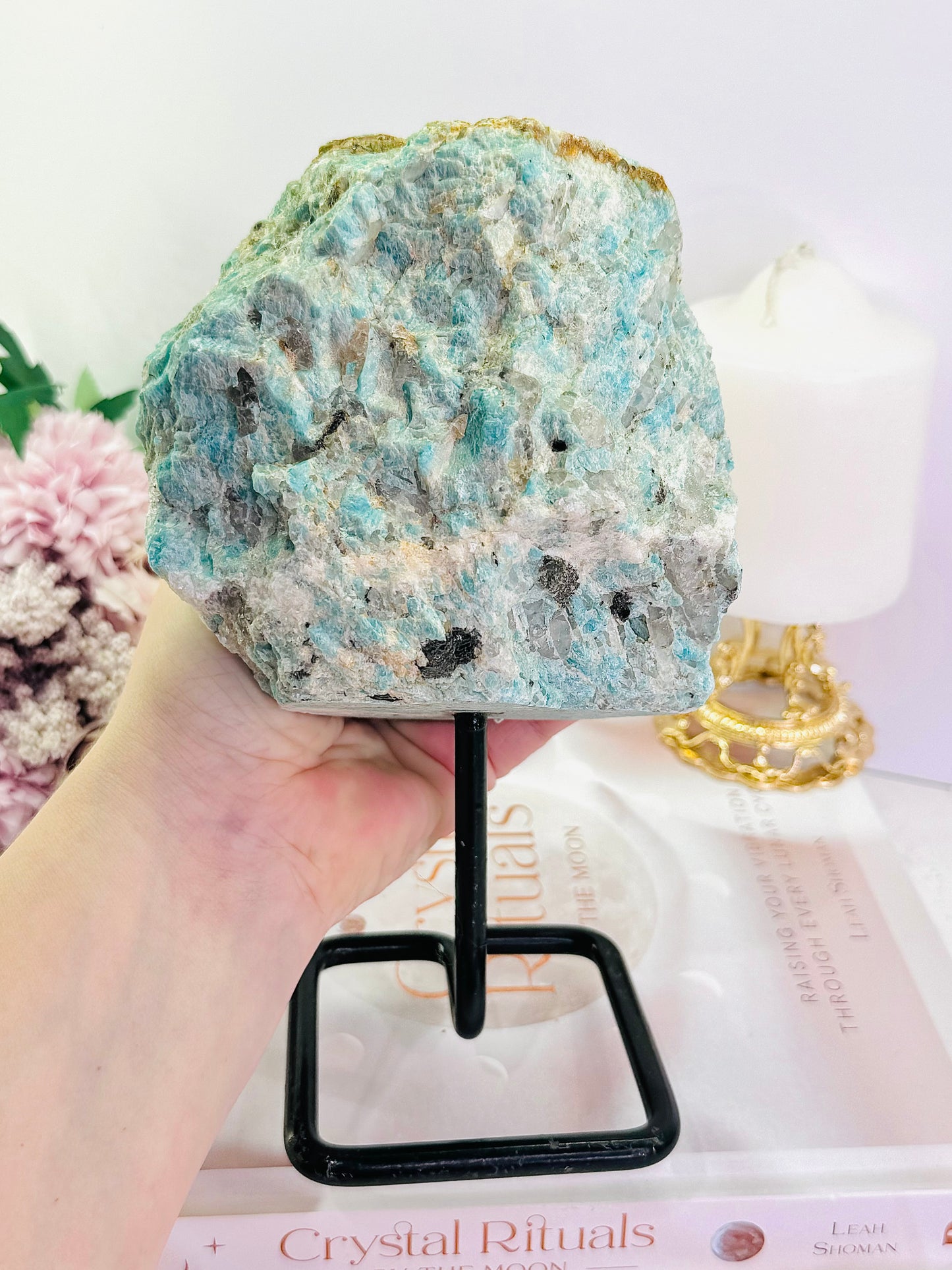 Huge Amazing Raw Rough Natural Amazonite With Smokey Quartz Inclusions 1.56KG 20cm On Stand From Brazil