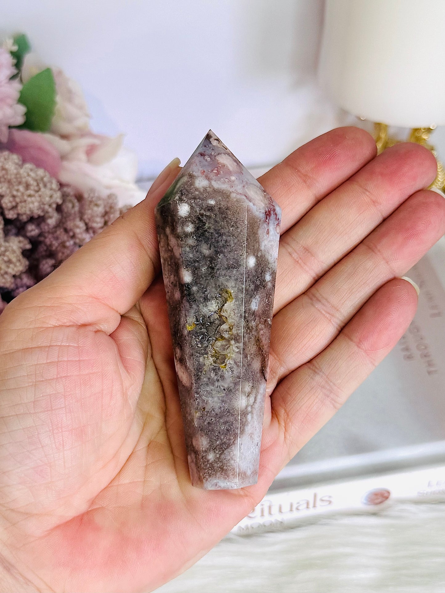 Beautiful 9.5cm Druzy Black Cherry | Flower Agate Wand | Tower