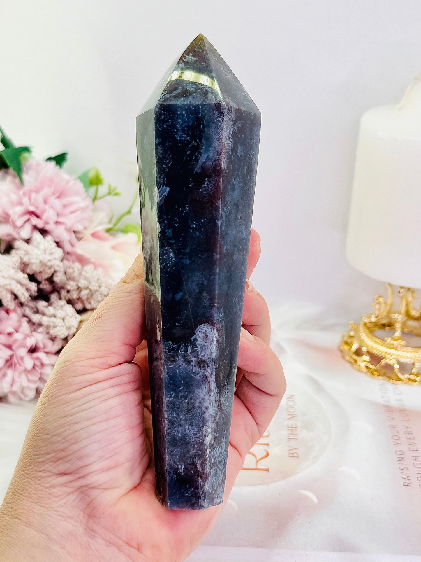 Absolutely Gorgeous Chunky Large 20cm (Inc Stand) Moss Agate Wand | Tower On Stand