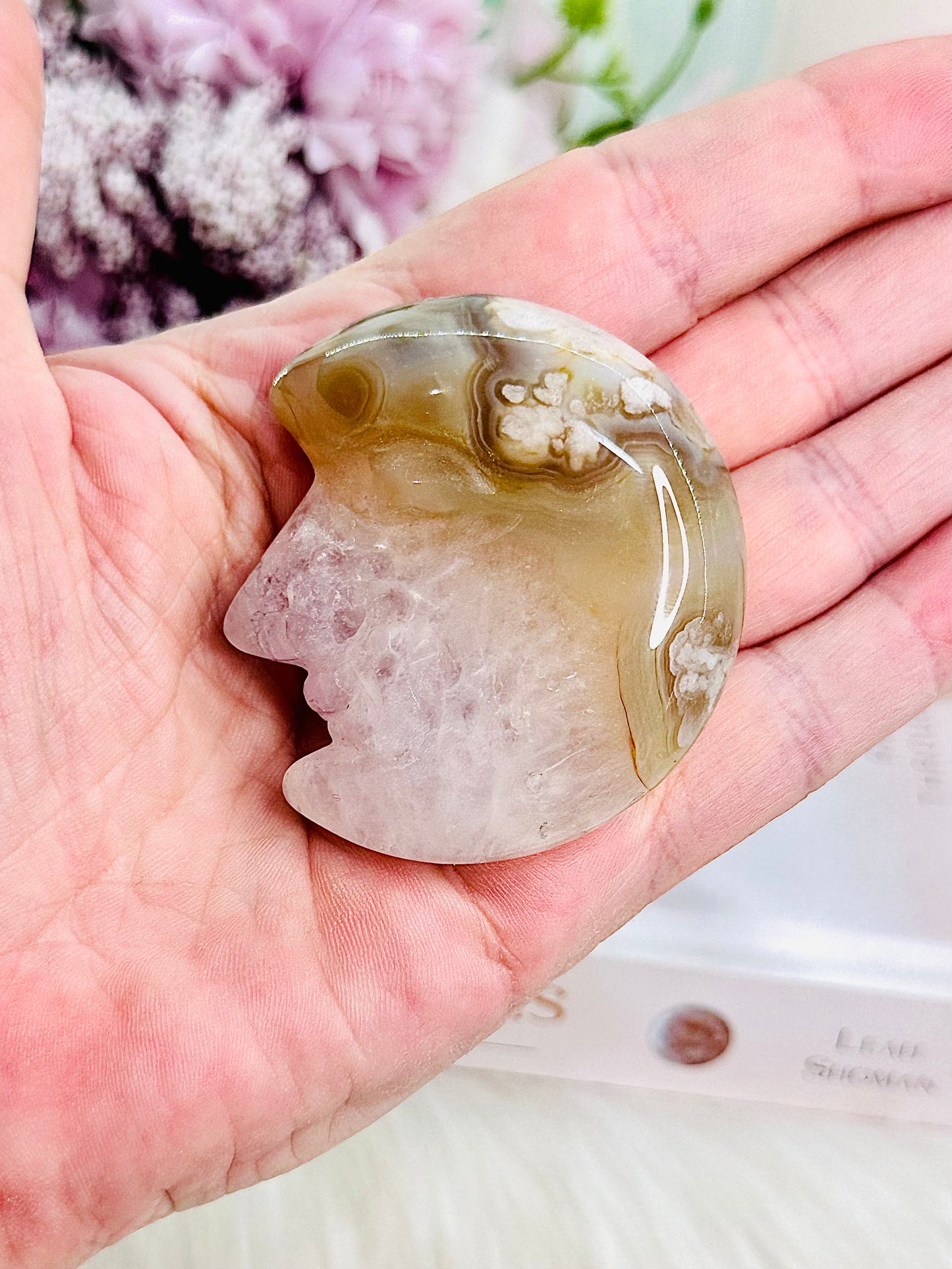 Absolutely Beautiful Druzy Amethyst X Flower Agate Carved Moon From Brazil