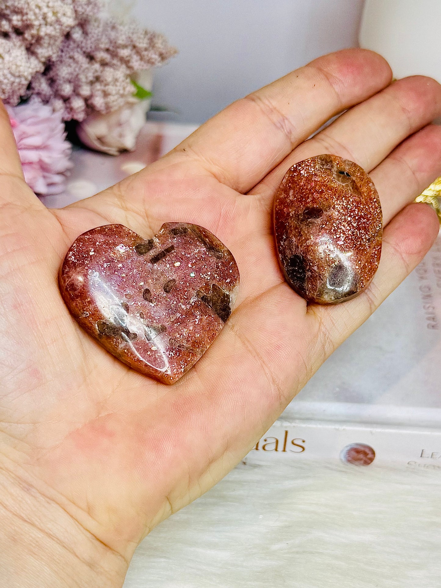 High Grade Golden Sunstone Carved Heart & Palmstone Set