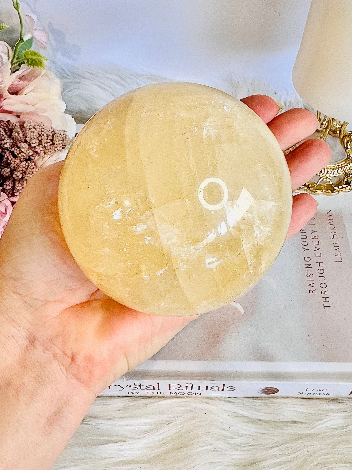 Gorgeous Large 961gram Natural Honey Calcite Sphere with Rainbows On Stand