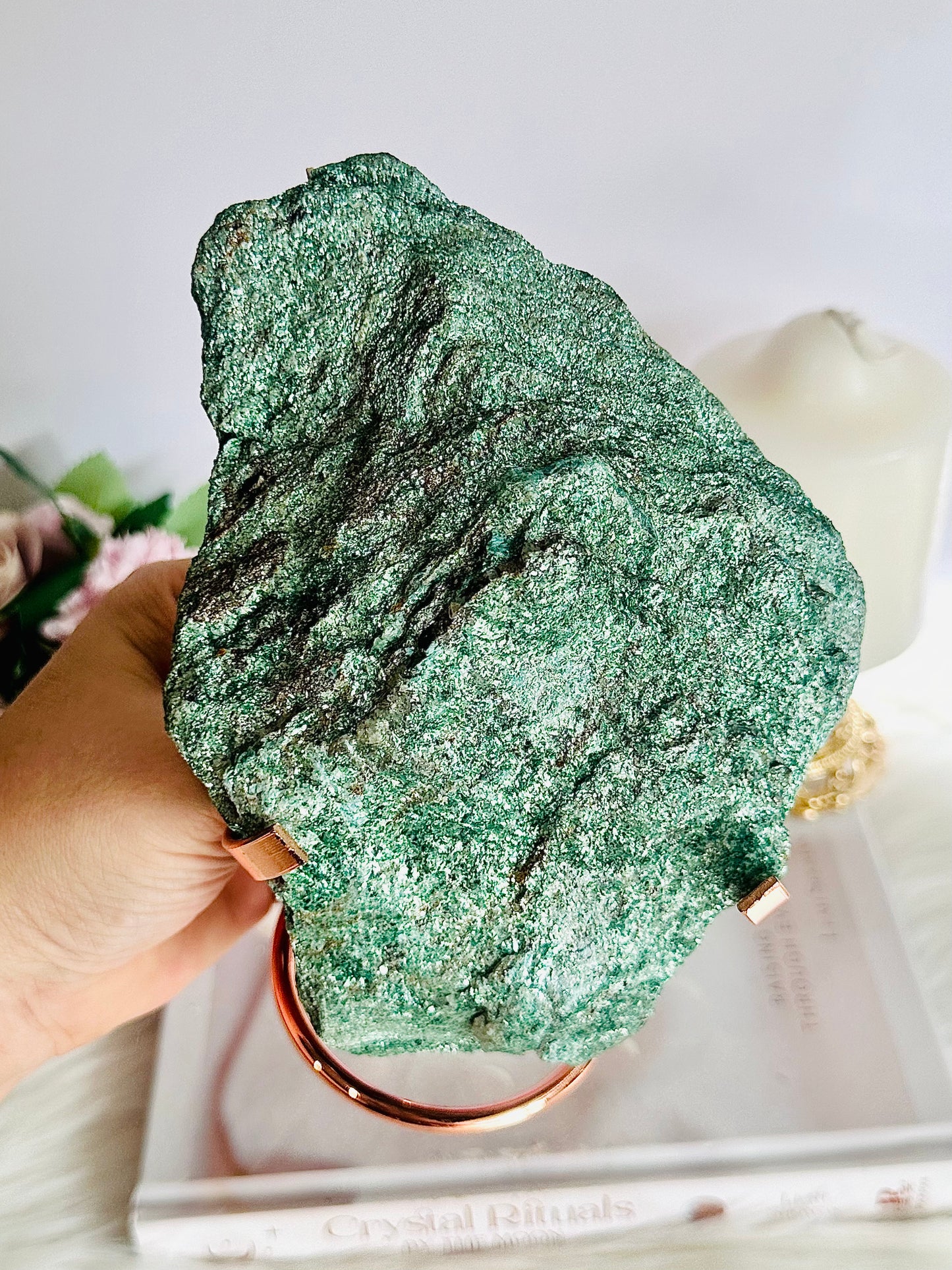 ⚜️ SALE ⚜️ Wow! Incredibly Gorgeous Sparkling High Grade Fuchsite Specimen 899grams On Silver Stand 20cm Tall (rose gold sold out)