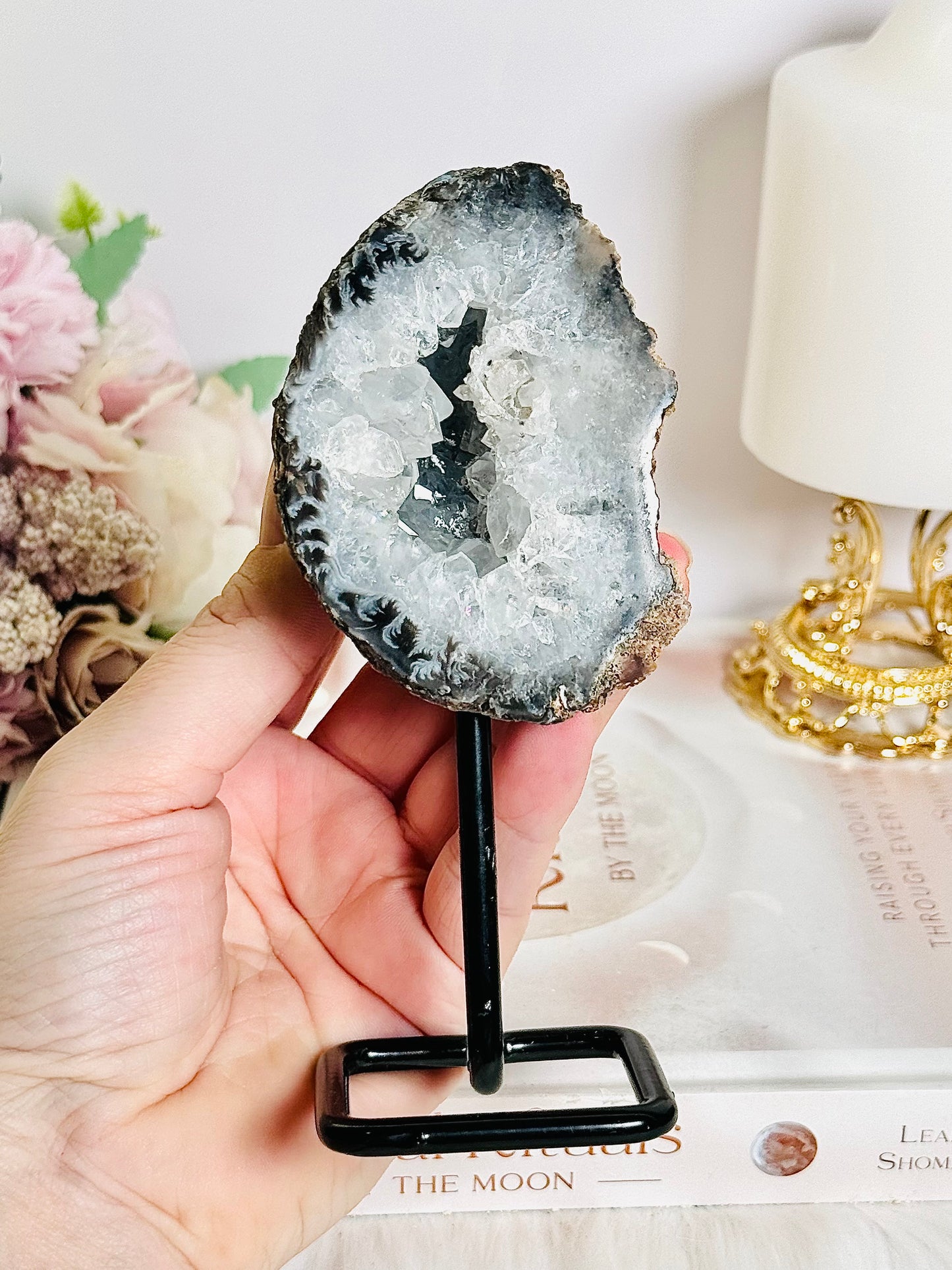 Perfect 14cm Natural Druzy Agate Geode on Stand