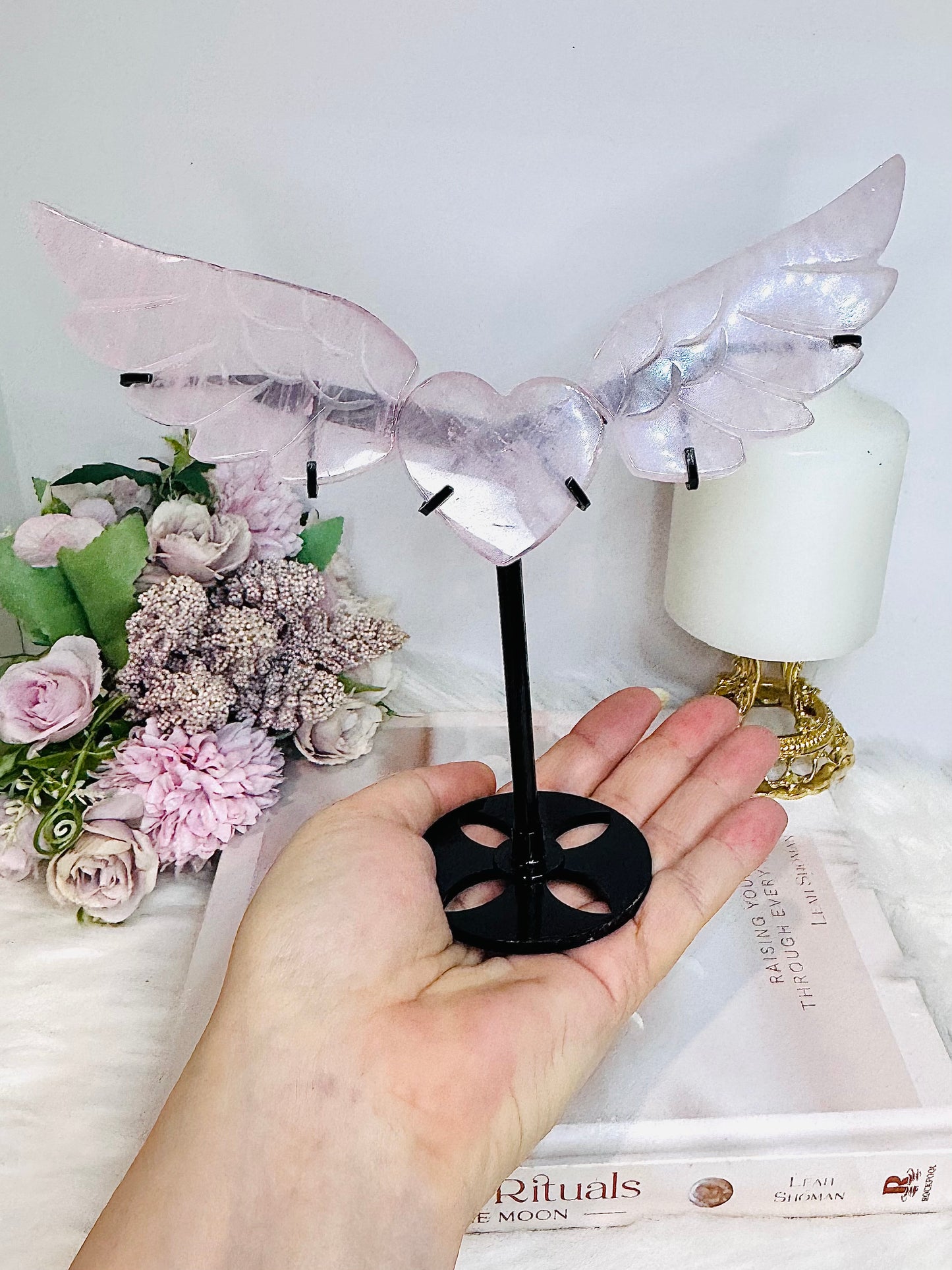 Rose Quartz Heart & Wings On Stand H 17cm x L 19cm