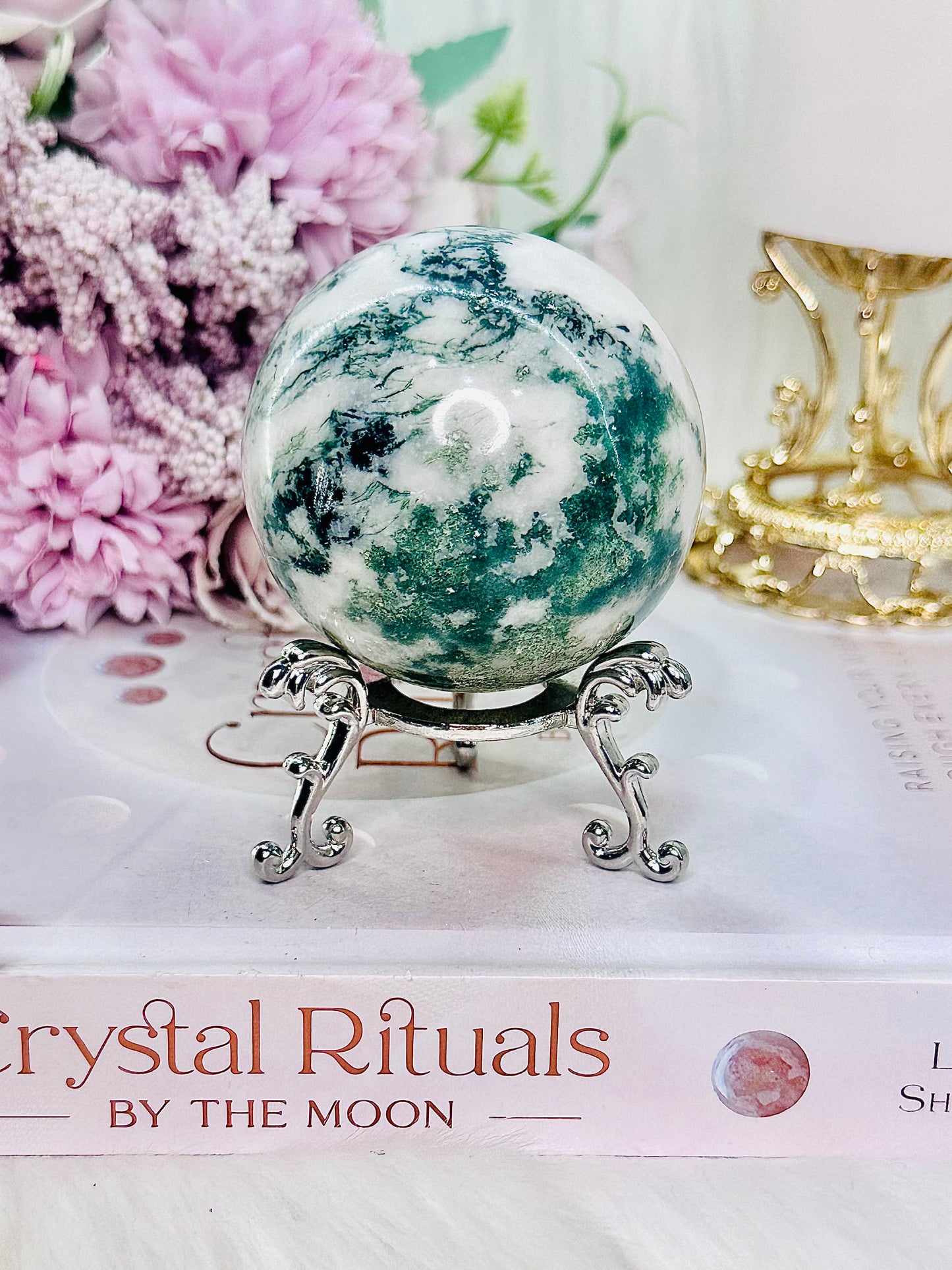 Peace & Tranquility ~ Beautiful Moss Agate Sphere 242gram On Stand
