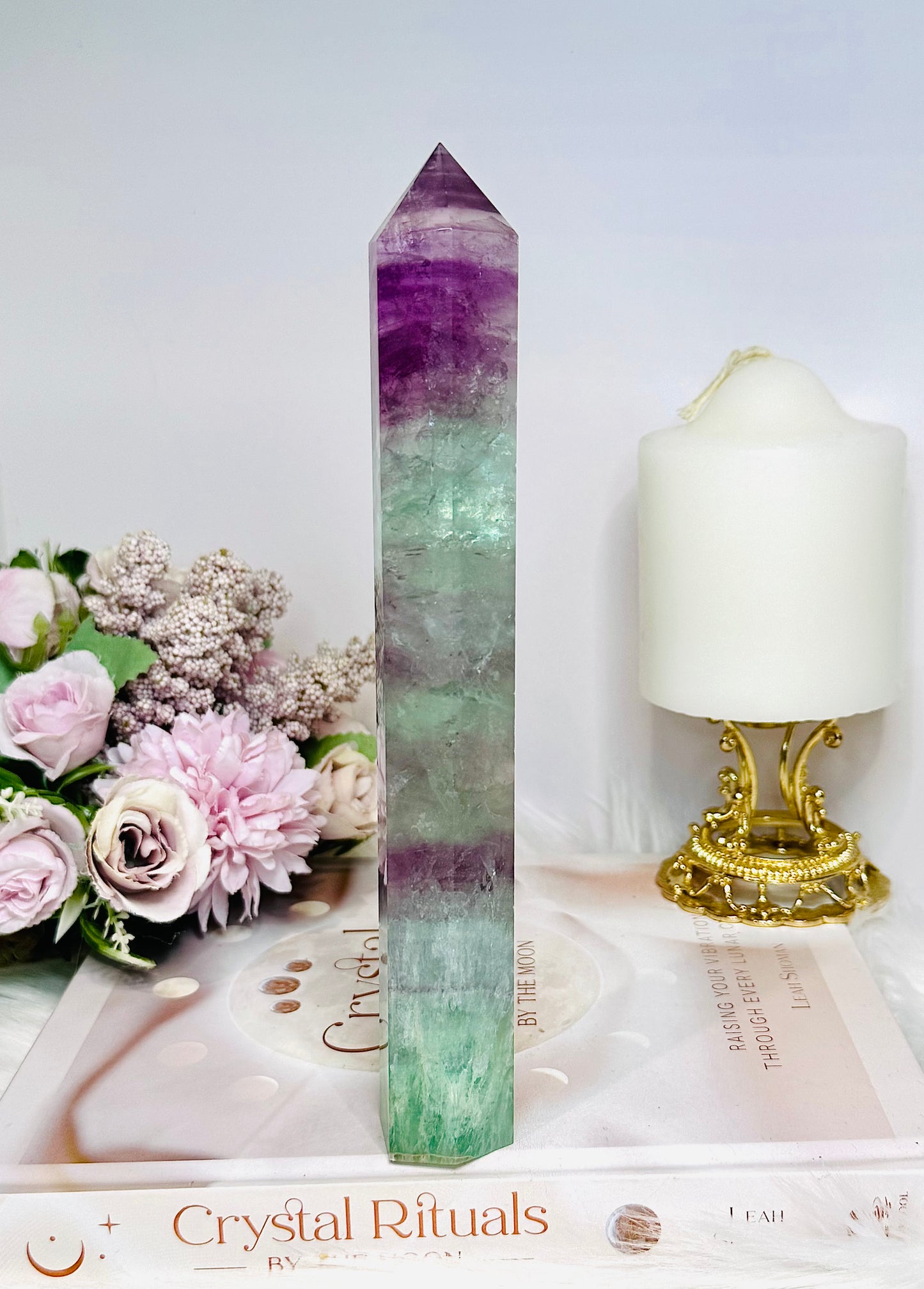Tall Watermelon Fluorite Tower 20.5cm with Rainbows