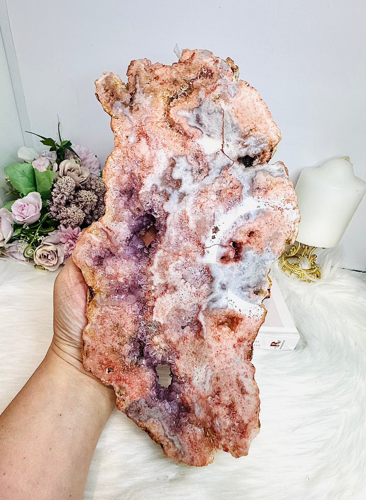 High Grade Pink Amethyst Druzy Slab on Stand 1.2KG 27.5cm