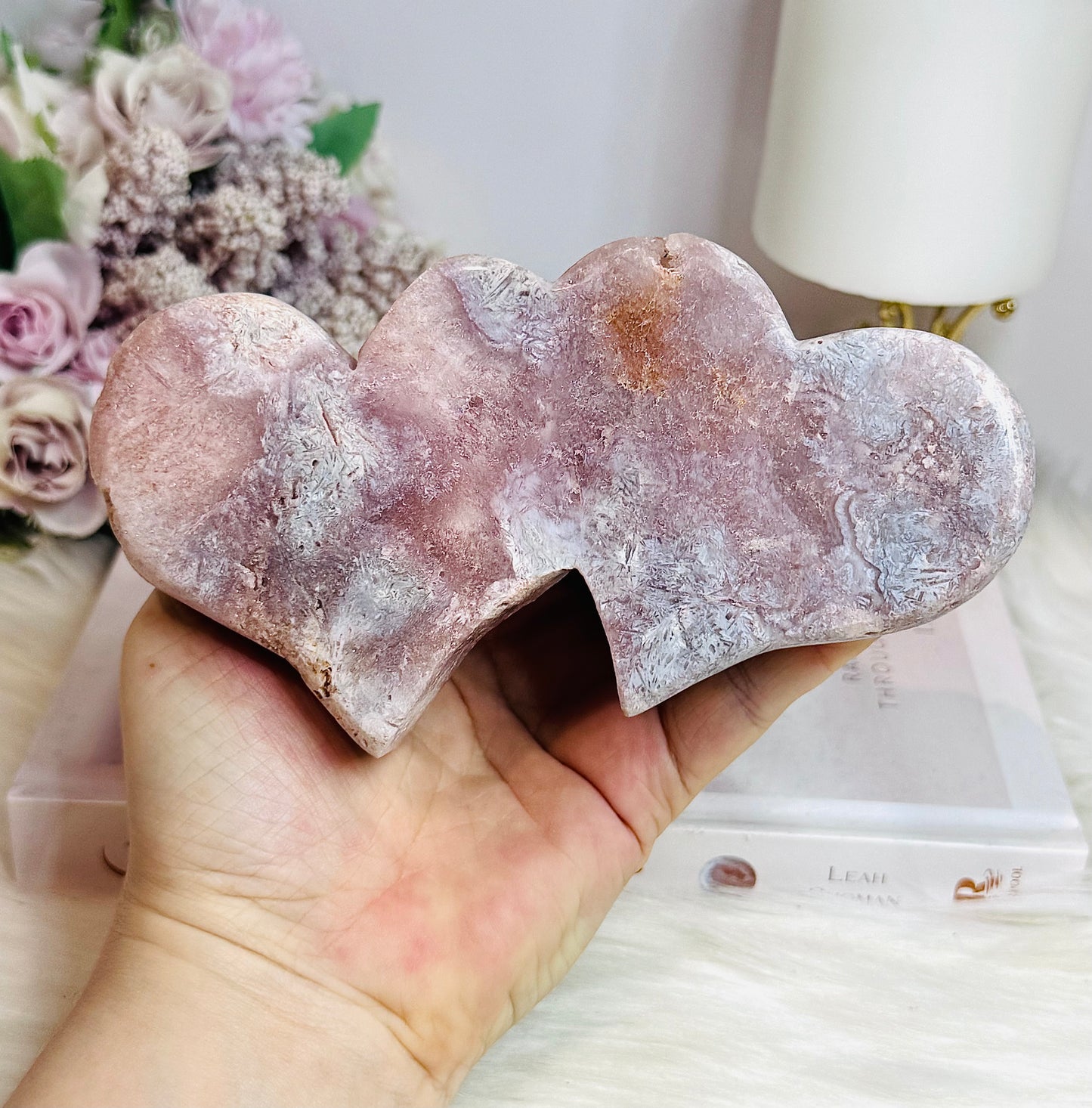 Large Pink Amethyst Druzy Double Hearts On Stand 15cm Long 471g