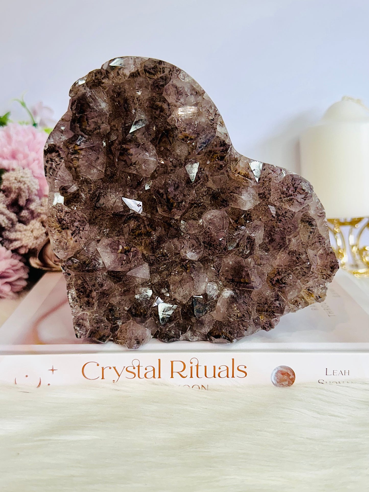 Magnificent 15cm Wide Amethyst Cluster Carved Heart On Custom Stand